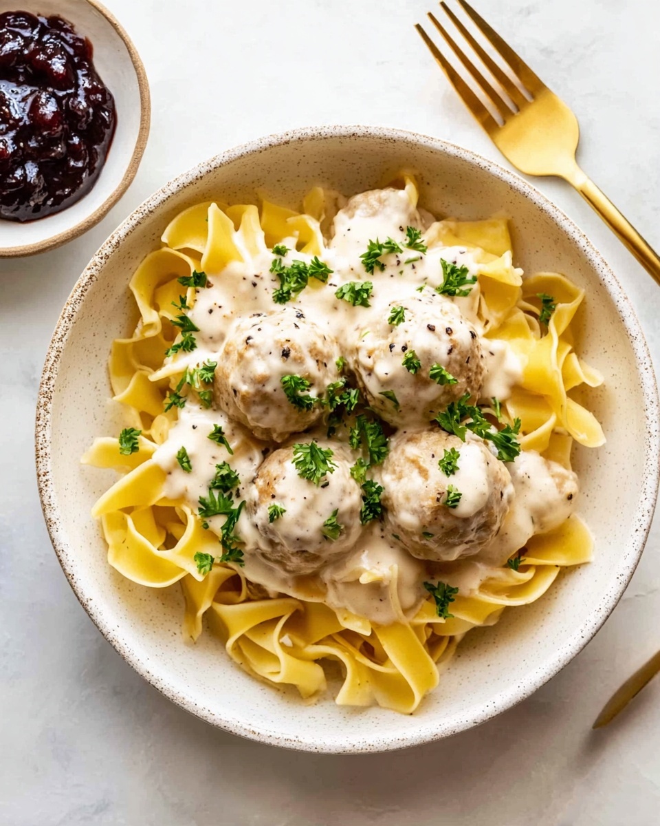 A white speckled bowl on a white marbled surface holds a dish with three main layers. The bottom layer is broad, flat yellow pasta noodles that look soft and slightly curled. On top of the noodles are four round meatballs covered in a creamy white sauce with specks of black pepper. Fresh green parsley leaves are scattered over the sauce and pasta, adding a bright color contrast. To the side on the surface is a small white dish with thick dark brown sauce or jam, and a gold fork lies nearby. Photo taken with an iphone --ar 4:5 --v 7