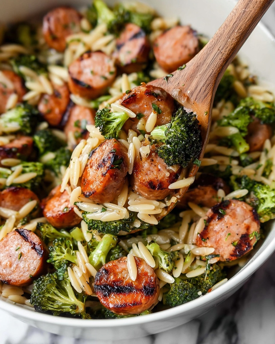 The image shows a white bowl filled with a colorful mix of grilled sausage slices, small broccoli florets, and orzo pasta. The sausage slices are browned with clear grill marks and a slightly shiny texture, scattered evenly throughout the bowl. Bright green broccoli adds a fresh contrast, with visible steam or moisture droplets enhancing their texture. The orzo pasta pieces are light tan, small, and shiny, surrounding and mixing with the other ingredients. A wooden spoon holds a scoop of the mixture, positioning the food close to the camera for detail. The background is a white marbled surface that brightens the scene. Photo taken with an iphone --ar 4:5 --v 7