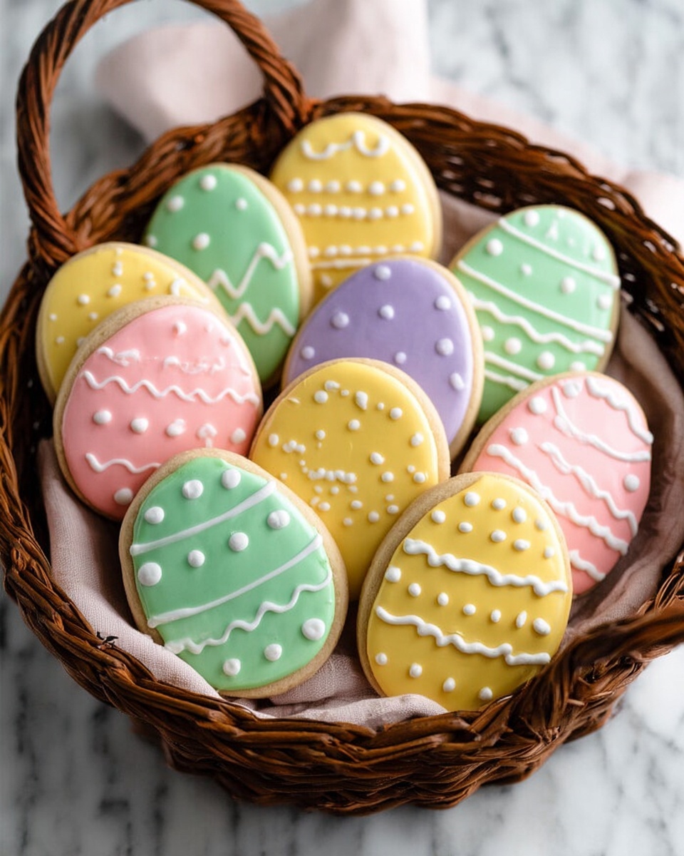A brown basket filled with one layer of egg-shaped sugar cookies in pastel colors like pink, yellow, green, purple, and teal, each cookie decorated with smooth, glossy icing and simple designs made with white icing such as dots, lines, and zigzags. The cookies have a soft texture with a light brown edge, and the background has a white marbled texture. photo taken with an iphone --ar 4:5 --v 7