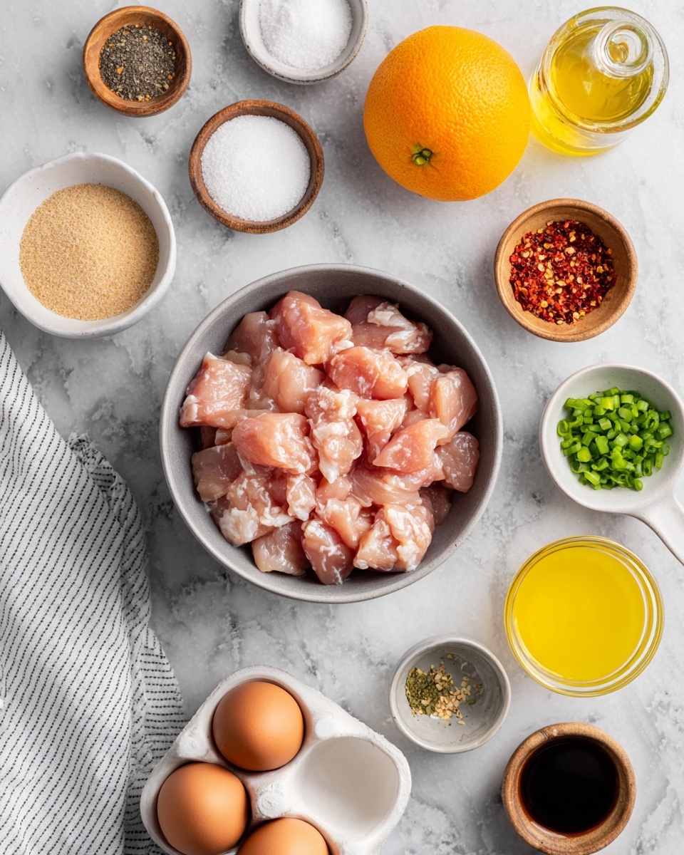A top-down view of a grey bowl filled with raw pink chicken chunks is centered on a white marbled surface. Surrounding it are small white bowls with light brown sugar and white powder, small clear glass bowls holding salt and black pepper, and small wooden bowls containing red chili flakes, chopped green onions, and white sesame seeds. A half orange with bright orange flesh is placed near the top right, while a small glass bottle of golden olive oil sits nearby. At the bottom right, a clear glass with yellow liquid is visible. Two brown eggs rest in a white egg holder on the bottom left, next to a couple of small glass containers holding dark and light liquids. A white and grey striped cloth is on the far left. photo taken with an iphone --ar 4:5 --v 7