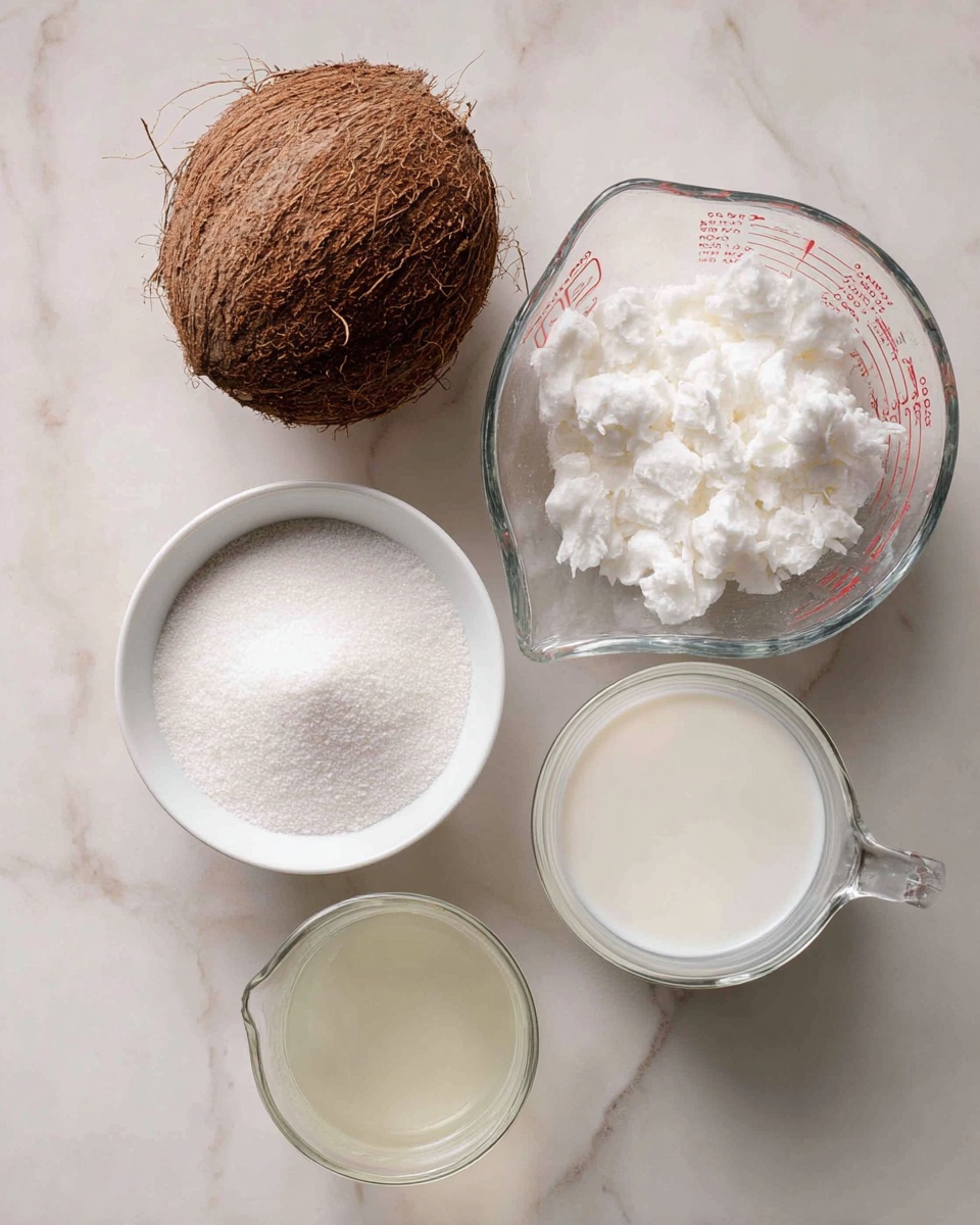 The image shows a white marbled surface holding five items: in the top left is a whole brown coconut with a rough, hairy texture; next to it is a clear glass measuring cup filled with chunky white coconut flesh; below the coconut, a white bowl filled with fine white granulated sugar; to the right of the sugar bowl is a clear glass measuring cup with smooth white coconut milk; and below the milk is another clear glass measuring cup filled with clear, light yellow coconut water. The arrangement of the items forms a loose diamond shape. photo taken with an iphone --ar 4:5 --v 7