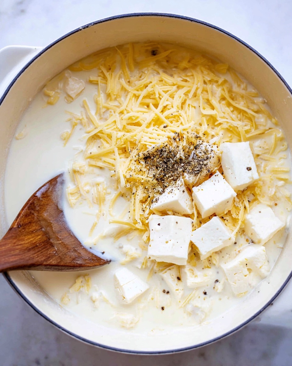 The image shows a close-up of a white pot filled with layers of creamy white liquid, shredded yellow cheese, several chunks of white soft cheese scattered on top, and a sprinkle of black pepper. A wooden spoon is partially submerged in the mixture at the bottom left, resting inside the pot. The whole scene is set on a white marbled surface. photo taken with an iphone --ar 4:5 --v 7