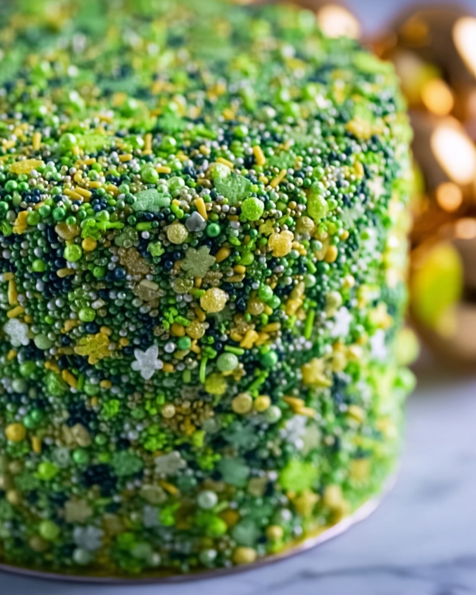 St. Patrick's Day Cake Recipe 4 The image shows a close-up of a cake covered entirely with small green and yellow sprinkles of various shapes and textures, including tiny round beads, elongated rods, and flower-shaped pieces. The sprinkles cover the smooth outer surface of the cake evenly, creating a dense, colorful, and textured pattern. The edges of the cake are round and the background is a blurred white marbled texture with some golden round objects visible behind the cake. Photo taken with an iphone --ar 4:5 --v 7