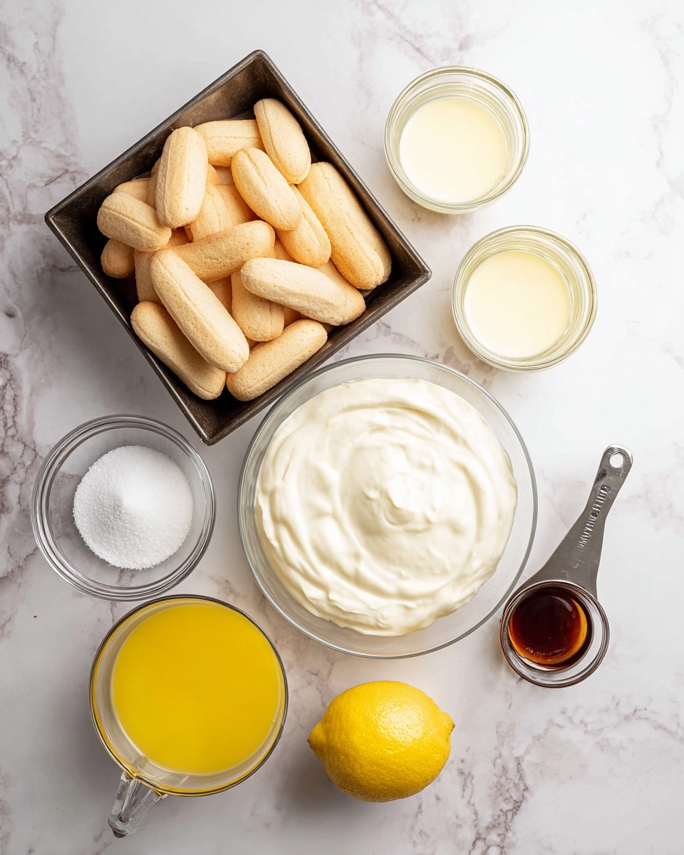 The image shows several ingredients for a dessert arranged on a white marbled surface. At the top left is a dark square pan filled with many light beige ladyfinger cookies, which have a soft, powdery texture. Below it is a clear round bowl filled with thick, smooth white cream. To the right of the cream are two clear glass cups, one with a pale yellow liquid and the other with a white creamy liquid. Below them, more to the center, is a clear round bowl holding white granulated sugar. At the bottom left is a metal measuring cup filled with bright yellow melted butter. On the bottom right is a whole bright yellow lemon next to a small clear round bowl containing dark brown vanilla extract. All items are neat and clearly visible in natural light. photo taken with an iphone --ar 4:5 --v 7