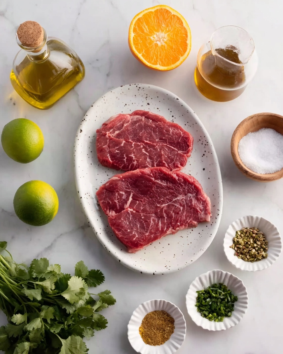 Two raw red meat slices lie flat on a white oval plate with small black spots, positioned on a white marbled surface. Around the plate are various ingredients: a green lime cut in half and a whole lime below it, an orange cut in half next to them, a glass bottle of olive oil with a wooden stopper, a small white jug with a brown liquid, a small wooden bowl filled with white salt, and three small white fluted bowls holding different spices and green chopped vegetables. Fresh green cilantro is spread in the lower left corner. The whole scene is bright and clear, focused from above. photo taken with an iphone --ar 4:5 --v 7