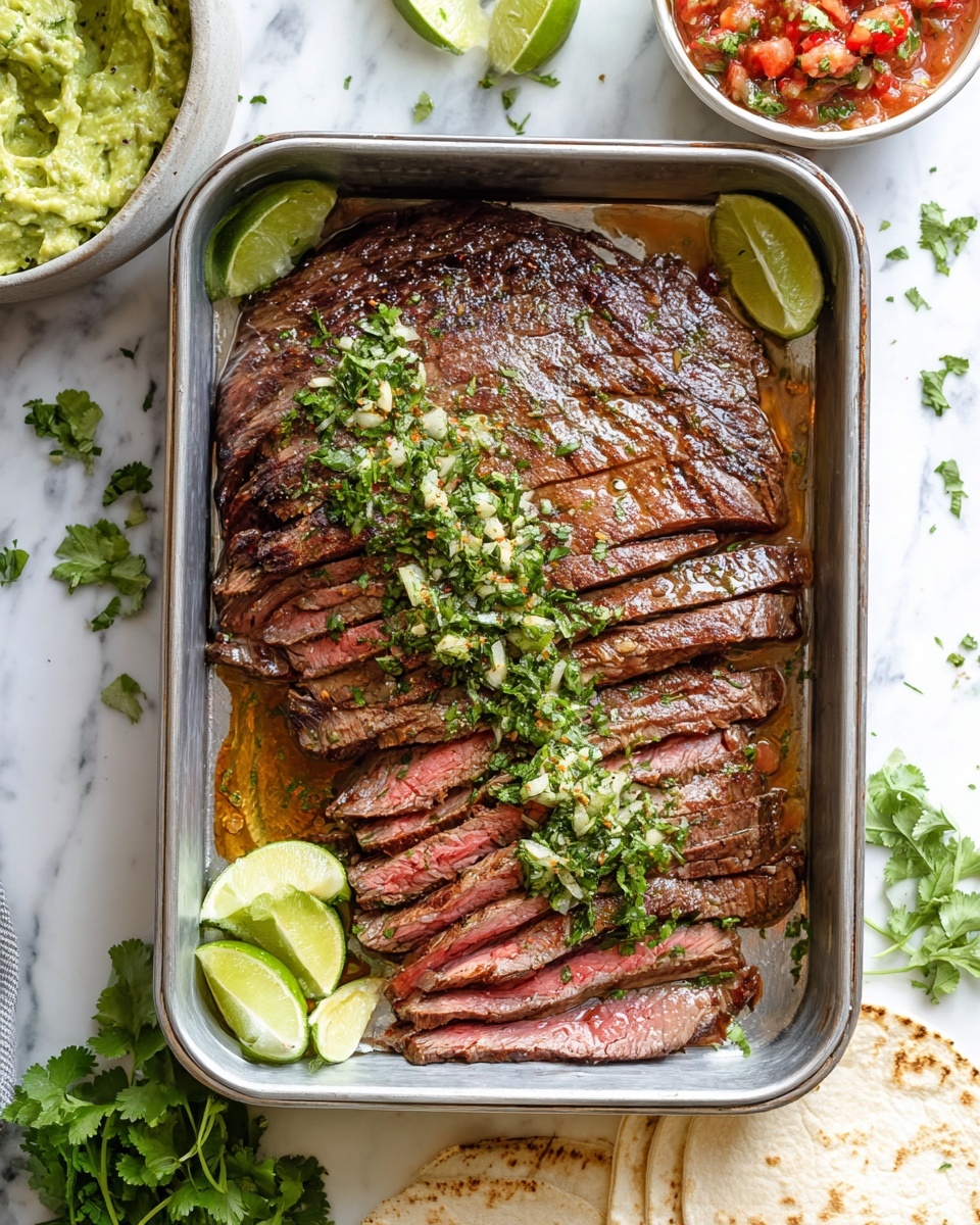 A large, grilled steak sits in a silver pan, mostly sliced into even, thin pieces with a few whole edges visible on the left side. The steak has a dark, charred crust on the outside with a juicy, pink center in the sliced parts. Green herb sauce with small bits of herbs is drizzled generously over the top, adding texture and color contrast. Around the pan, there are a few fresh lime wedges on a white marbled surface, a small bowl of green guacamole with a creamy texture, a bowl of fresh salsa with red, white, and green colors, and some fresh cilantro sprigs scattered nearby. On the bottom right corner, there are white tortillas stacked lightly. Photo taken with an iphone --ar 4:5 --v 7