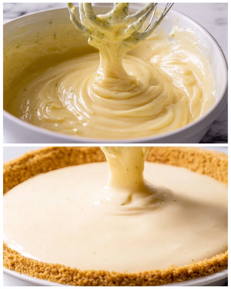 The first part of the image shows a close-up of a thick, creamy yellow batter being mixed quickly by an electric whisk inside a white bowl, with the batter swirling and splashing in the middle. The second part shows a white pie plate filled with a smooth, creamy light yellow filling that is being poured gently over a crumbly, golden brown crust that lines the bottom of the plate. Both images have a clean white marbled surface in the background. photo taken with an iphone --ar 4:5 --v 7