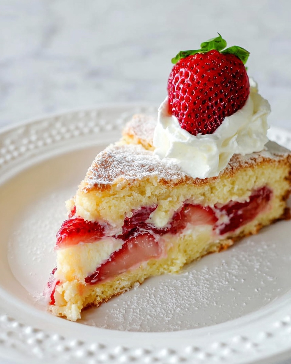 A triangular slice of strawberry cake is placed on a white plate with a decorative edge. The cake has three layers: the top and bottom layers are golden-brown and slightly crumbly with a light dusting of powdered sugar, and the middle layer is filled with sliced red strawberries embedded in a pale, creamy filling. To the right of the cake slice, there is a dollop of white whipped cream topped with a whole, bright red strawberry with a green leafy crown. The plate sits on a white marbled surface. Photo taken with an iphone --ar 4:5 --v 7