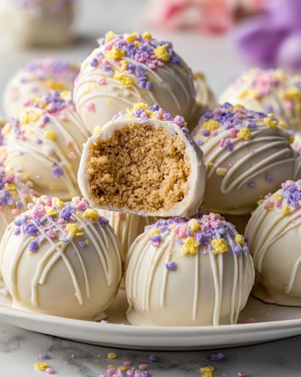 The image shows several round cake balls on a white plate, all coated in smooth white chocolate. Each ball is decorated with thin white chocolate stripes drizzled on top, and colorful pastel sprinkles in purple, yellow, and pink cover the top surface of each cake ball. One cake ball on the plate is cut open, revealing a light brown, crumbly cake inside. The plate is placed on a white marbled surface with soft, natural light highlighting the texture and colors. Photo taken with an iphone --ar 4:5 --v 7