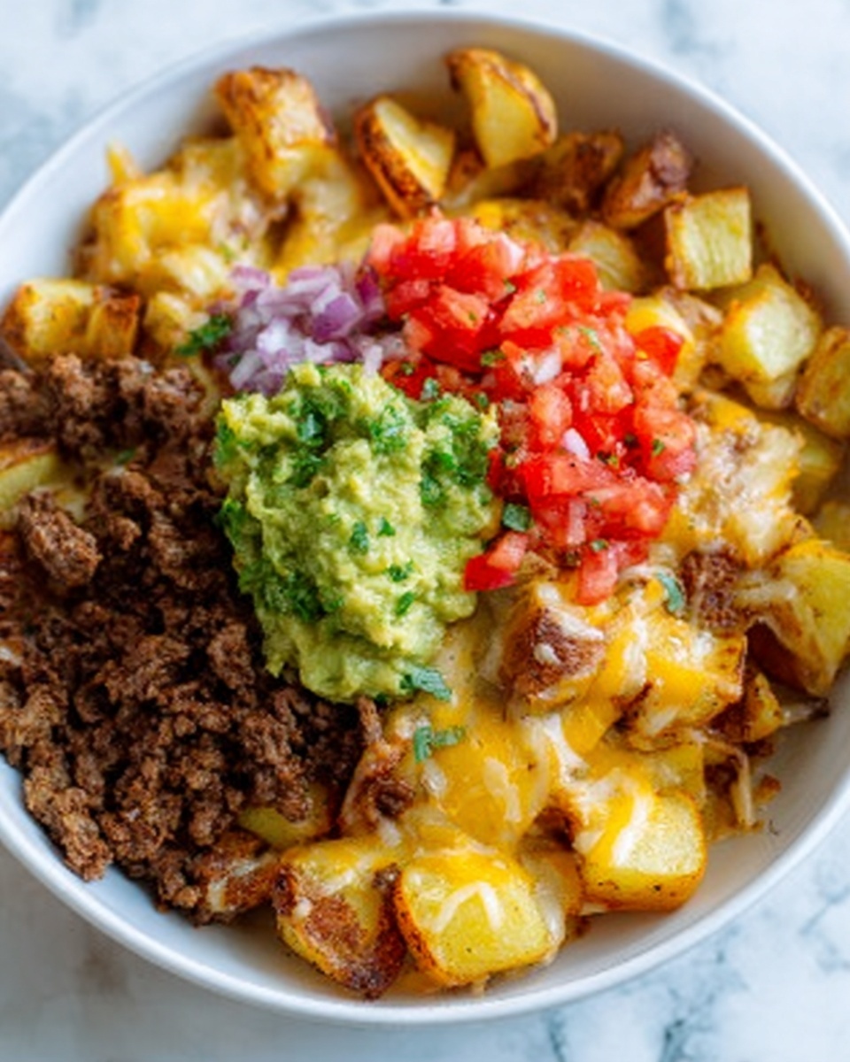 The image shows a white bowl filled with layers of cooked, diced golden potatoes at the bottom, topped with browned ground meat. Over the meat, there is melted cheese with a light yellow color. On top of this, there is a colorful mix of diced red tomatoes, green guacamole, and some red, finely chopped onions. The bowl is placed on a white marbled surface. The photo taken with an iphone --ar 4:5 --v 7