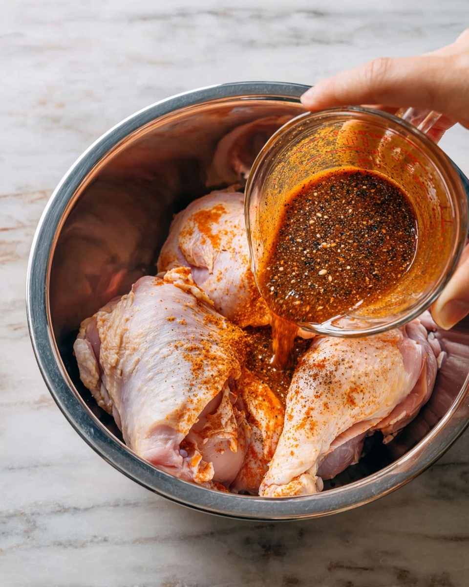 Oven Baked Citrus-Seasoned Chicken Breast and Thighs Recipe 4 A round shiny metal bowl contains two large pieces of raw pale pink chicken with some skin visible, sitting flat inside the bowl. From above, a woman's hand pours a dark orange-brown sauce mixed with black pepper and spices from a small clear glass measuring cup, coating the chicken. The bowl is placed on a white marbled surface. photo taken with an iphone --ar 4:5 --v 7