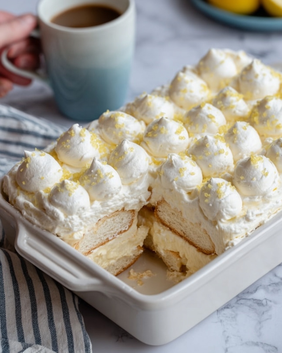 The image shows a white rectangular dish filled with a layered dessert. The bottom layer is soft and light tan in color with a texture that looks like soaked biscuits or ladyfingers. Above this is a thick layer of creamy, light beige filling. On top of these layers, there is a thick topping of white whipped cream piped in small round dollops covering the entire dessert. The whipped cream has some small yellow sprinkles scattered over it. In the background, a woman's hand is holding a white cup with coffee or tea, and the scene is set on a white marbled surface with a striped cloth nearby. photo taken with an iphone --ar 4:5 --v 7