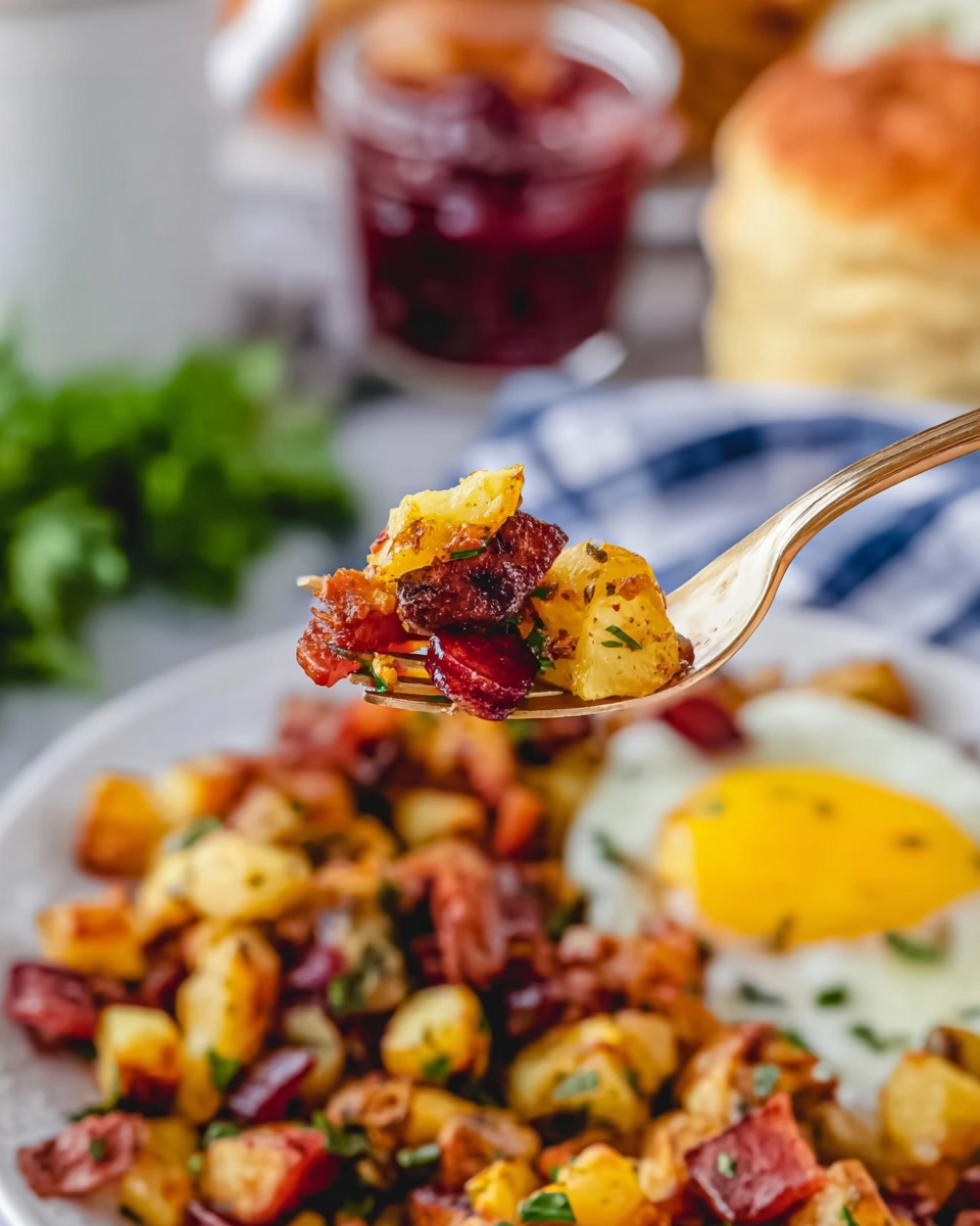 The image shows a close-up of a fork holding a bite of mixed food above a white plate filled with a mixture of diced crispy browned potatoes and chunks of dark red meat with some green herb bits. Below, the plate contains more of this potato and meat mix, and to the side, there is a cooked sunny-side up egg with a bright yellow yolk next to the mixture. In the background, a white marbled surface holds blurred elements like a half biscuit or roll with yellow butter on top, a glass bowl of red jam, and some green leafy garnish. The colors are warm and inviting with a focus on the golden potatoes and red meat. photo taken with an iphone --ar 4:5 --v 7