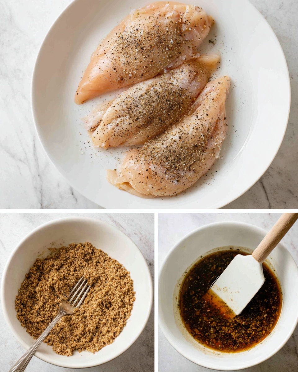The image shows three scenes arranged in a collage. The top scene features three raw chicken pieces seasoned with black pepper and salt, laid side by side on a white plate, placed on a white marbled surface. The bottom left scene displays a white bowl filled with a coarse, grainy brown mixture, with a fork partially buried in it. The bottom right scene has a white bowl holding a dark brown, slightly thick liquid with visible herbs and spices mixed in, and a white spatula with a wooden handle resting inside the bowl. photo taken with an iphone --ar 4:5 --v 7