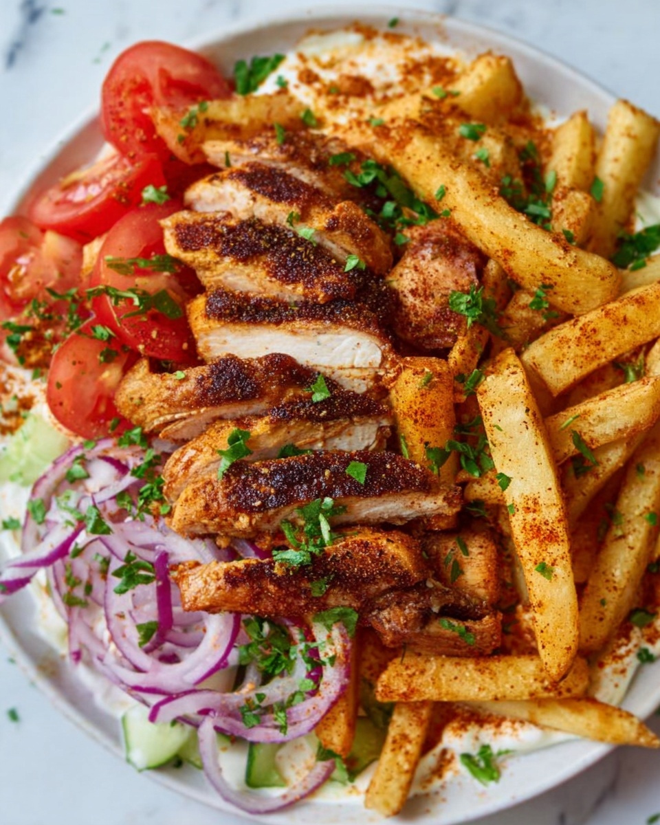 The image shows a white plate on a white marbled surface holding a dish with several layers. At the bottom, there are thin slices of red onion and tomato, bright and fresh. On top of these vegetables are pieces of grilled chicken with a golden-brown crisp skin, cut into thick slices and arranged neatly in the center. Surrounding the chicken are thick golden-brown fries, slightly crispy with a smoky sprinkle of seasoning. The dish is garnished with chopped green herbs scattered over the chicken and fries, adding a fresh green color. A woman's hand is seen holding the edge of the plate. Photo taken with an iphone --ar 4:5 --v 7