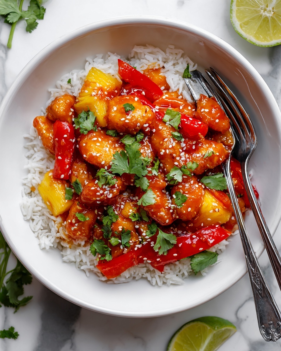 A white bowl filled with a base layer of fluffy white rice, topped with an orange-colored sweet and sour sauce coating chunks of chicken pieces, bright yellow pineapple chunks, and vibrant red bell pepper slices. Fresh green cilantro leaves are scattered over the top with a sprinkle of white sesame seeds. Two silver forks rest inside the bowl on the right side. The bowl sits on a white marbled surface with lime wedges and some cilantro around the bowl. Photo taken with an iphone --ar 4:5 --v 7