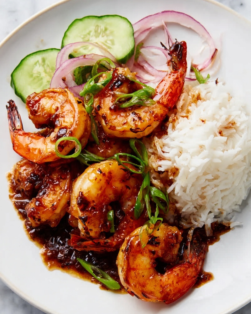 A white plate on a white marbled surface holds a serving of cooked shrimp, arranged in a small pile. The shrimp are a shiny reddish-orange color with charred spots, covered in a dark brown sauce and garnished with thinly sliced green onions. To the right of the shrimp, there is a mound of white rice with a fluffy texture. At the top of the plate, thin slices of pale green cucumber and red onion add a fresh look. The photo taken with an iphone --ar 4:5 --v 7