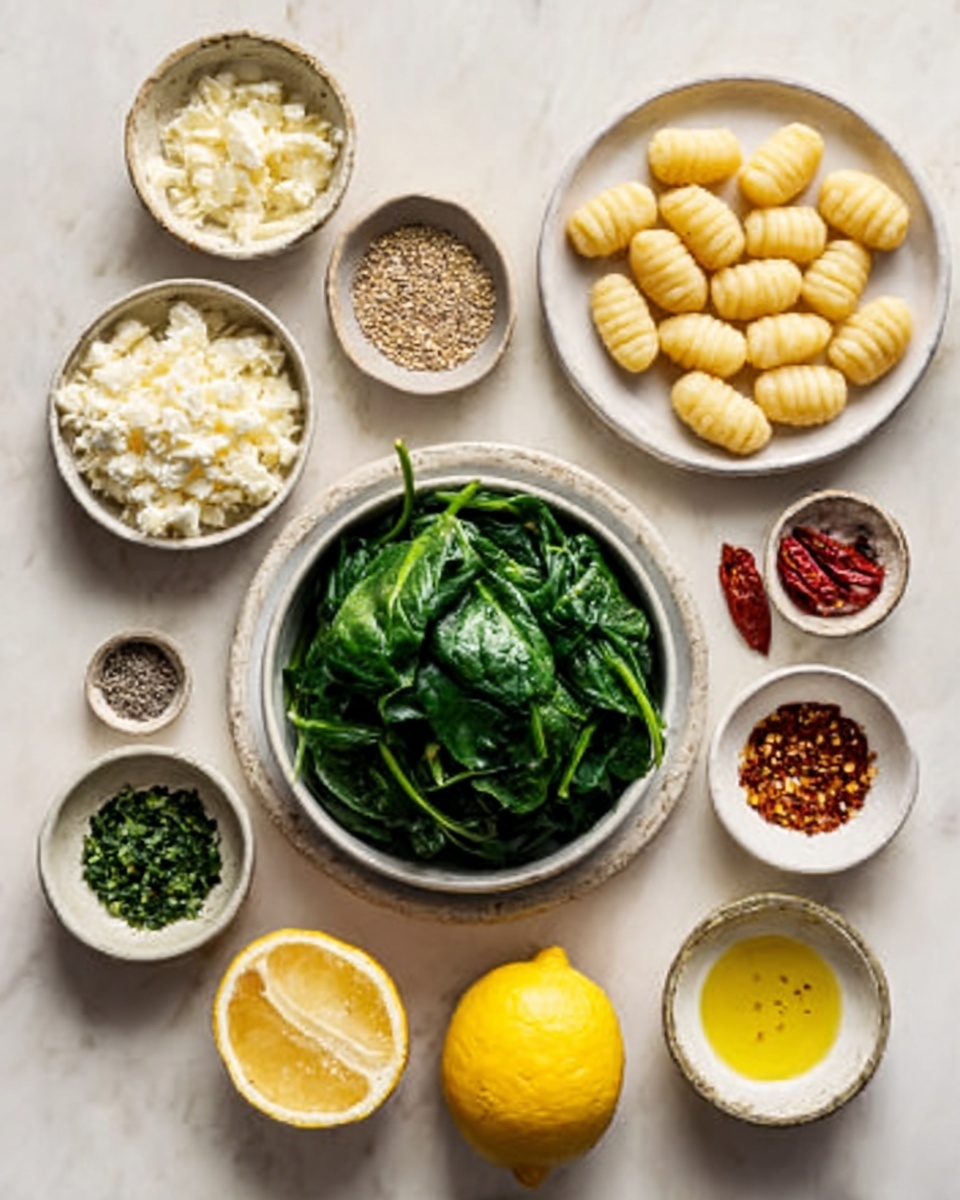 The image shows a top view of several small white bowls and a white plate neatly arranged on a white marbled surface. The center features a white bowl filled with bright green cooked spinach leaves. Above it, a white plate holds a layer of golden brown gnocchi pieces lined up closely. Surrounding these are small white bowls containing various ingredients: one with soft white cheese crumbles, another with a mound of fine grated cheese, one bowl with chopped herbs in dark green, a bowl with red chili flakes, another with crushed spice seeds, and one with smooth olive oil shining golden. A halved yellow lemon is also placed near the bowls. The colors are warm and fresh with a mix of green, yellow, white, and red shades. The setup has a clean and fresh look. photo taken with an iphone --ar 4:5 --v 7