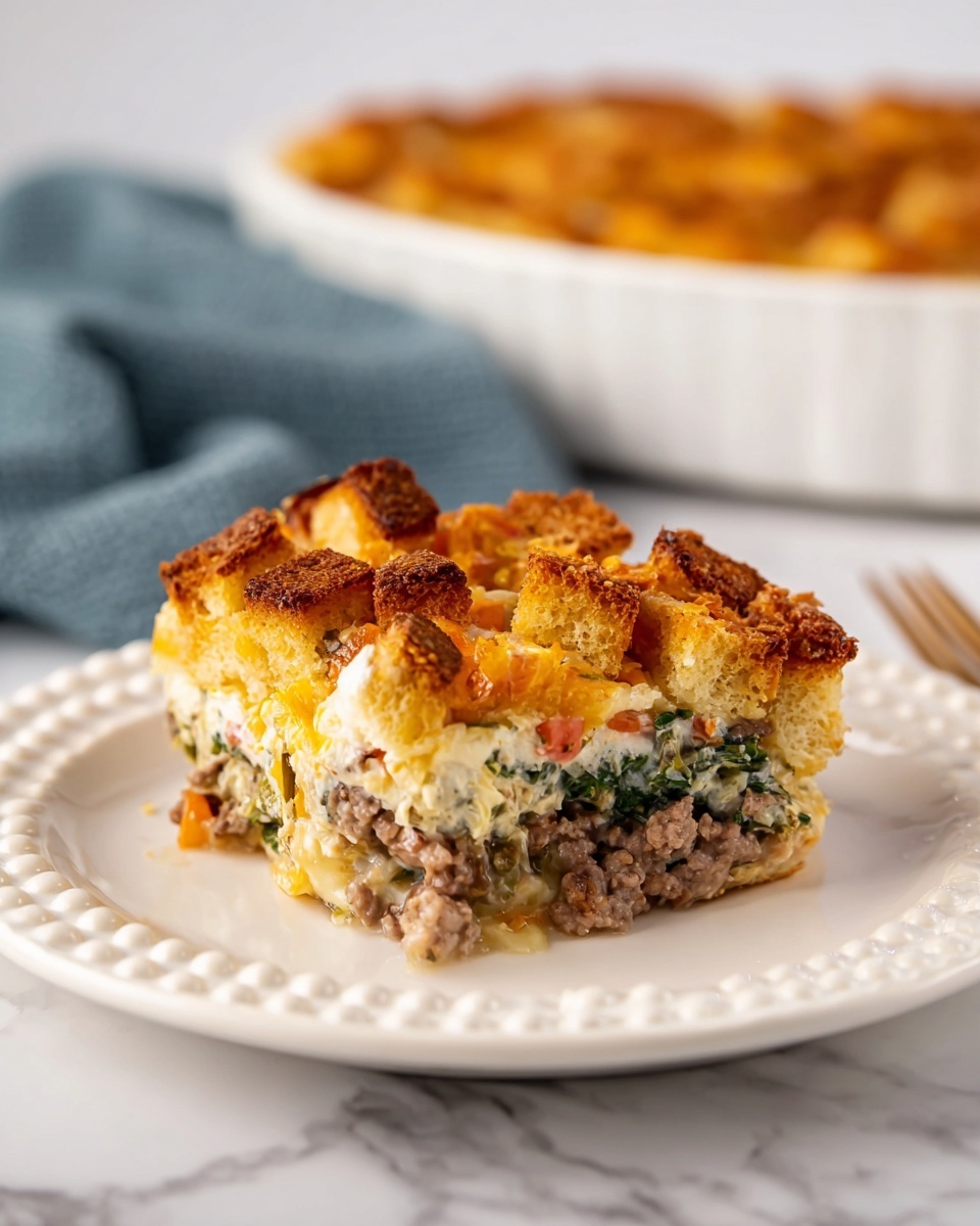 A white rectangular baking dish filled with a golden-brown baked casserole. The top layer is crispy and browned with small pieces of darker browned bits spread unevenly. The texture on top looks slightly bubbly and cheesy. The dish is placed on a white marbled surface with a small white bowl of coarse salt and a glass of amber liquid nearby. A woman's hand is visible holding the side of the baking dish. photo taken with an iphone --ar 4:5 --v 7