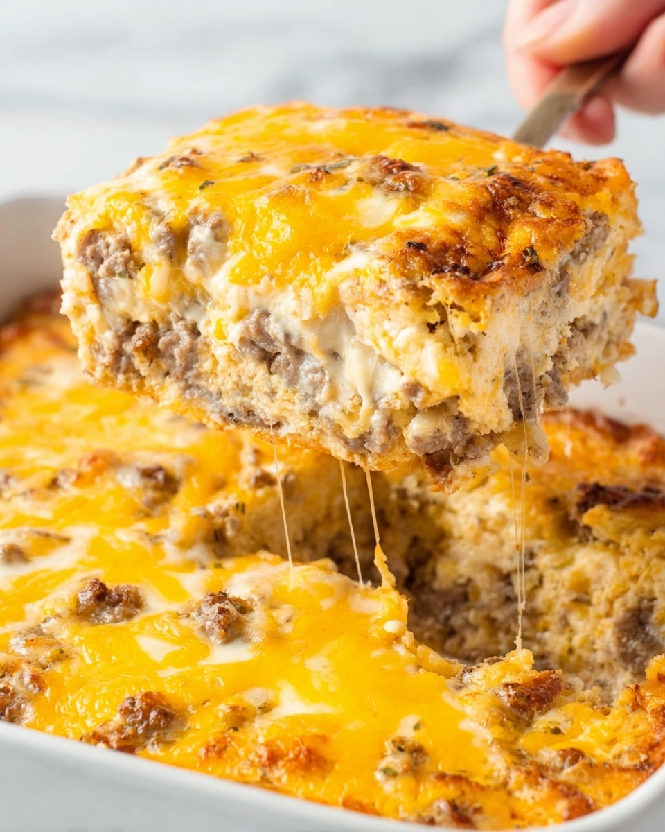 A close-up view of a cheese casserole square being lifted, showing three layers: the bottom layer is a light brown, crumbly texture with bits of ground meat, the middle layer is creamy and pale, and the top layer is melted bright yellow cheese with some browned spots and small bits of meat mixed in. The casserole is in a white dish sitting on a white marbled surface. A woman's hand holds the piece, and melted cheese stretches slightly between the lifted piece and the dish. Photo taken with an iphone --ar 4:5 --v 7