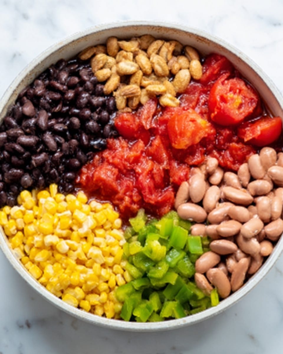 The image shows a white bowl filled with different beans and vegetables arranged in neat sections. On the top left, there are black beans with a dark, smooth texture; next to it, light brown crunchy nuts. To the right, bright red tomatoes with a soft and shiny look. Below the tomatoes, green chopped peppers add a fresh touch. On the bottom right, light brown pinto beans with a smooth surface, and to the left of them, yellow corn kernels that look fresh and glossy. All these ingredients are displayed clearly without mixing, on a white marbled surface. Photo taken with an iphone --ar 4:5 --v 7