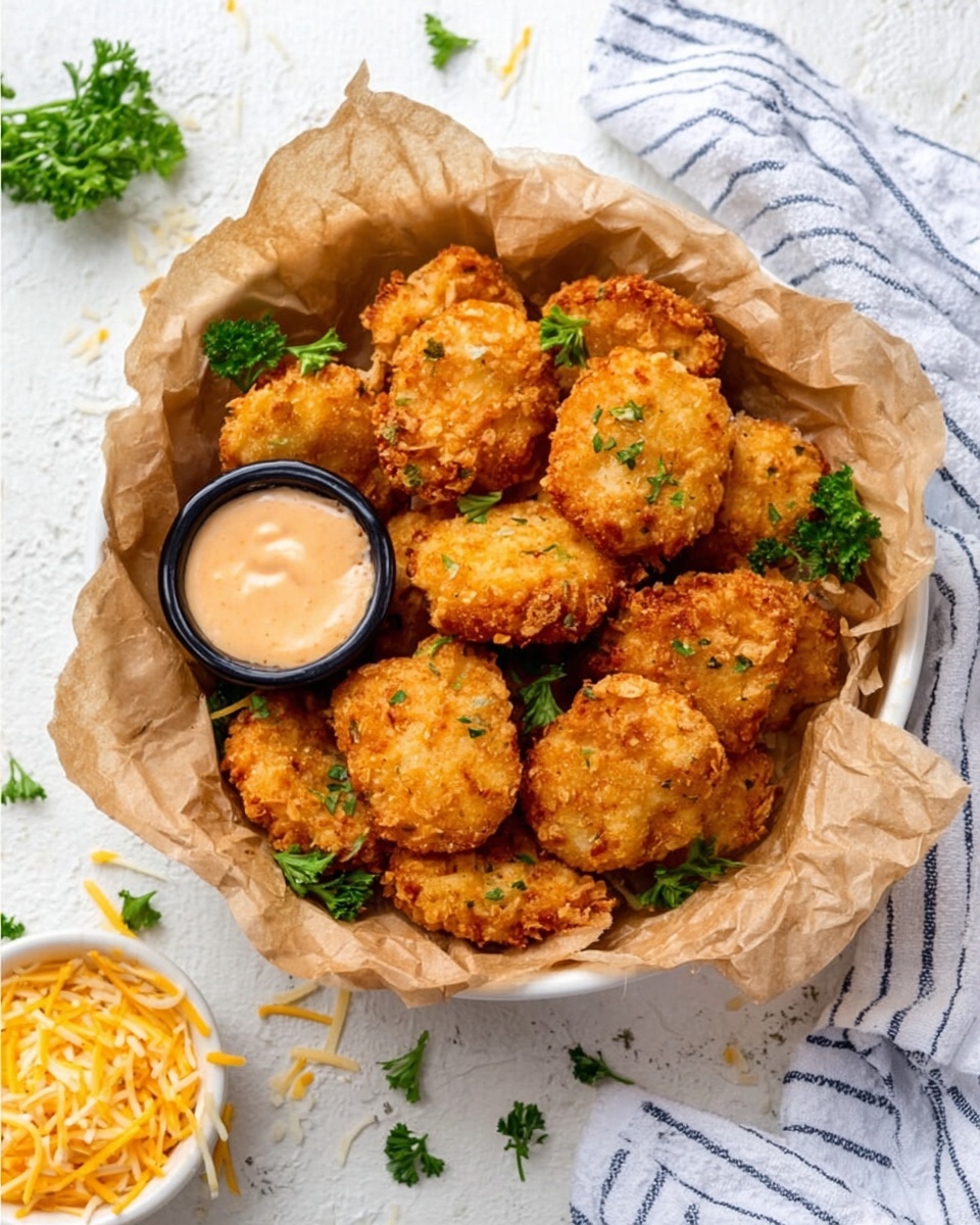 A white bowl lined with light brown parchment paper holds about ten golden-brown fried chicken bites with a crispy texture. The chicken pieces are unevenly shaped and arranged casually, some resting against each other, with small green parsley leaves scattered around them for color contrast. Next to the bowl, there is a small black container filled with a creamy white dipping sauce speckled with reddish seasoning. Below, a white bowl filled with shredded yellow and white cheese sits on a white marbled surface, along with a white cloth with a thin black grid pattern in the background. Photo taken with an iphone --ar 4:5 --v 7