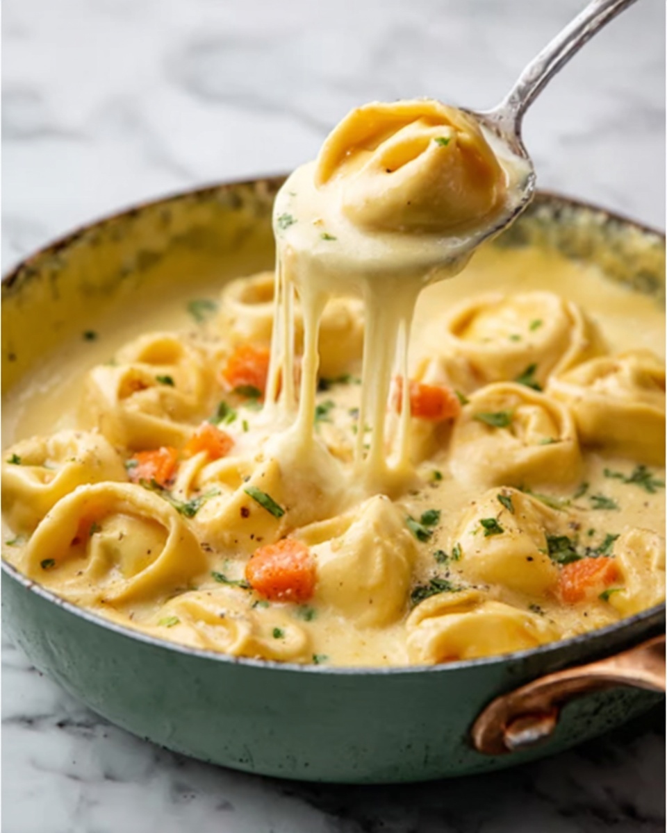 The image shows a pan filled with creamy cheese sauce and tortellini pasta. The cheese sauce is thick and smooth, light yellow in color, covering the pasta evenly. Some melted cheese stretches from a spoon lifting a portion of tortellini above the pan. The tortellini are round with a slight twist around the edges, and a few small orange pieces, likely carrots, and green herb bits are scattered on top. The background is a white marbled texture. photo taken with an iphone --ar 4:5 --v 7