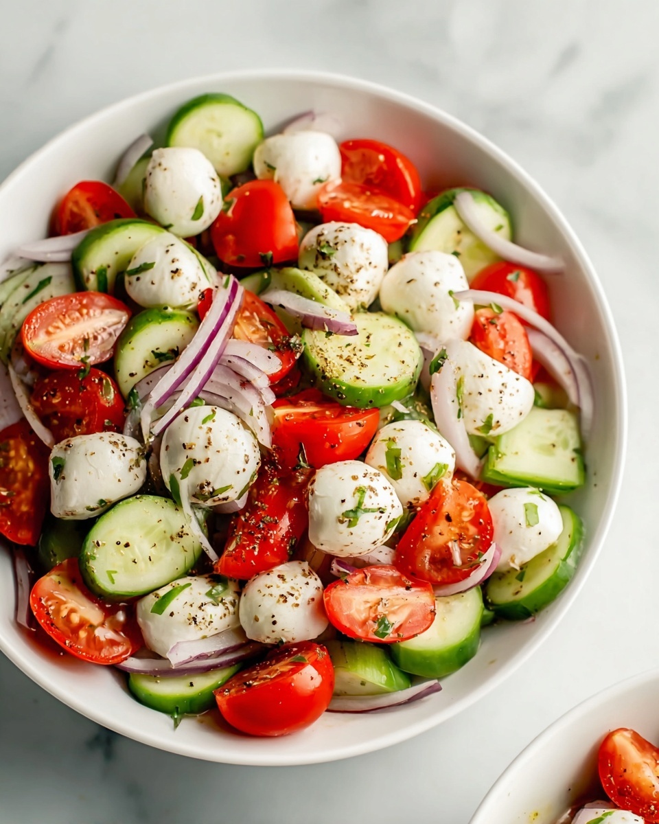 A white bowl filled with a fresh salad showing three main layers: the bottom layer is green cucumber slices cut into thick rounds, the middle layer is bright red cherry tomato halves scattered evenly, and the top layer consists of small white mozzarella balls sprinkled with black pepper and herbs, adding texture and color contrast. Thin slices of light purple onion are mixed throughout, enhancing the visual detail. The salad looks fresh and colorful, placed on a white marbled surface with soft natural light. Photo taken with an iphone --ar 4:5 --v 7