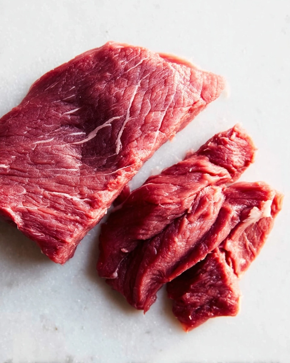 The image shows a piece of raw red meat placed directly on a white marbled surface. The meat is arranged in a way that one larger piece lies flat on the left side, and three thinner slices are positioned to the right, overlapping each other slightly. The meat's texture is fibrous with slight marbling in light pink and red tones, giving a fresh, raw look. The lighting highlights the moist surface and natural color variations of the meat. photo taken with an iphone --ar 4:5 --v 7