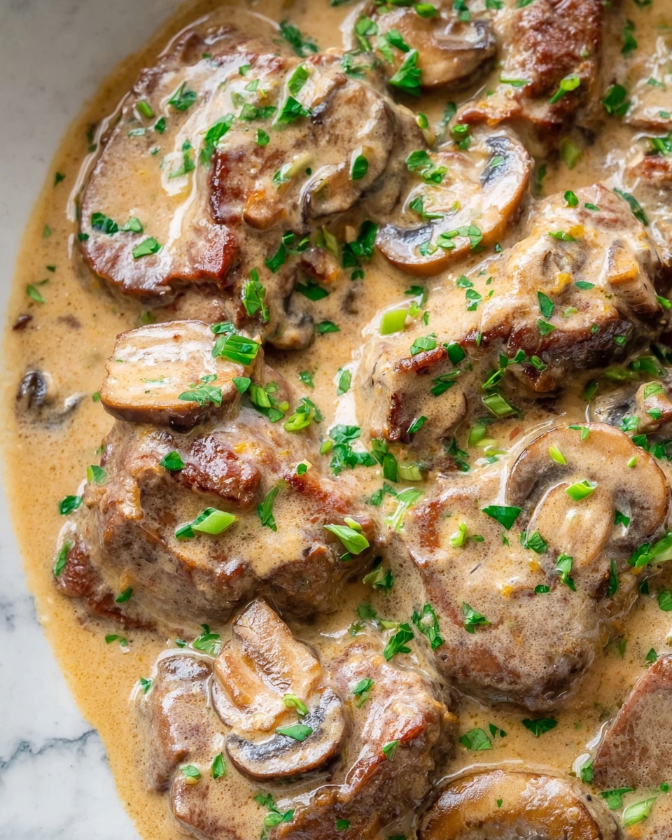 The image shows a close-up of several slices of browned meat and mushrooms covered in a creamy light brown sauce. Bright green chopped herbs are scattered on top, adding a fresh color contrast. The textures of the meat are slightly crisp around edges, while the sauce looks smooth and thick, enveloping the ingredients evenly. The whole dish is shown against a white marbled surface. photo taken with an iphone --ar 4:5 --v 7