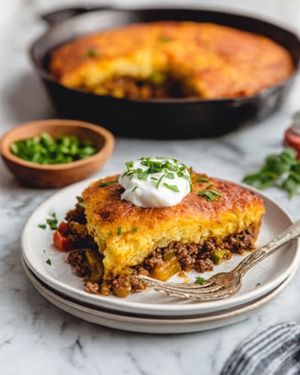 A white plate with a layered serving of golden brown baked casserole on top, showing layers of soft, cooked vegetables and ground meat inside. The top layer is browned and slightly crisp, with a dollop of white sour cream and green chopped herbs placed in the center. In the background, a black cast iron pan filled with the same casserole is visible, along with a small wooden bowl of chopped green herbs on the white marbled surface. A woman's hand holding a white fork is about to take a bite from the plate. photo taken with an iphone --ar 4:5 --v 7