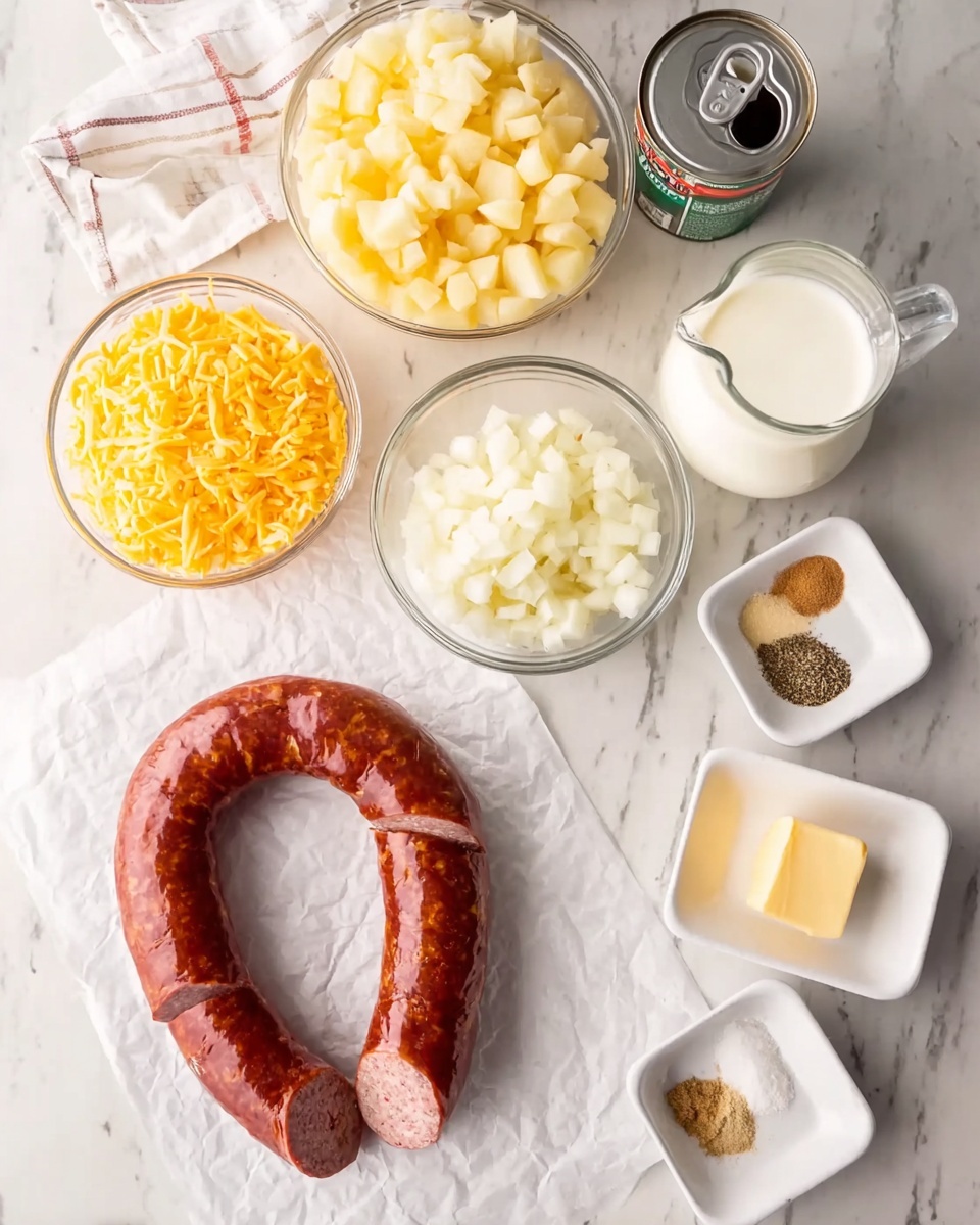 The image shows a spread of cooking ingredients on a white marbled surface. In the center bottom, a large dark reddish sausage is coiled on white parchment paper with its end sliced into thick rounds. Around it, there are clear glass bowls filled with yellow shredded cheese and white chopped onions. A can with light-colored diced potatoes and a black spoon, and a small glass measuring cup filled with white milk are placed near the top right. To the left, two white square dishes hold small amounts of pale yellow butter and mixed spices in black, white, and beige tones. The surface is clean and bright, giving a fresh look to the ingredients. Photo taken with an iphone --ar 4:5 --v 7