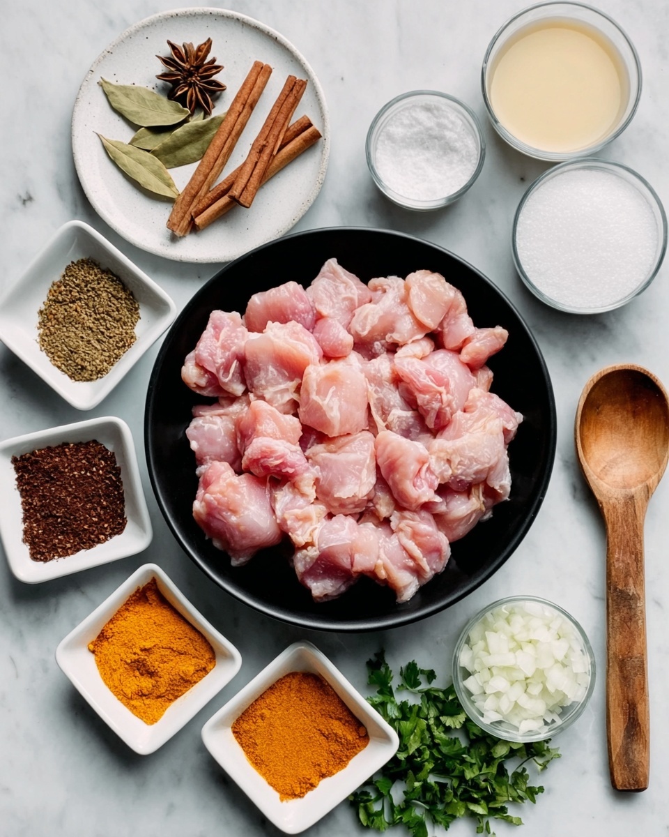 The image shows a black bowl filled with raw pieces of pink chicken placed in the center on a white marbled surface. Around the bowl are small white dishes with various spices and ingredients. Starting from the top left, there is a round white plate with aromatic spices like cardamom, cinnamon sticks, and cloves arranged on it. To the top right are small white bowls with sugar, salt, and cream. Below the bowl of chicken, on the left, are small white square dishes with different colored ground spices including dark brown, orange, and red. Next to these spices is a small wooden spoon filled with more spices. To the bottom right of the chicken bowl are chopped onions, minced garlic, and green herbs. The whole setup is neat, colorful, and ready for cooking preparation. Photo taken with an iphone --ar 4:5 --v 7