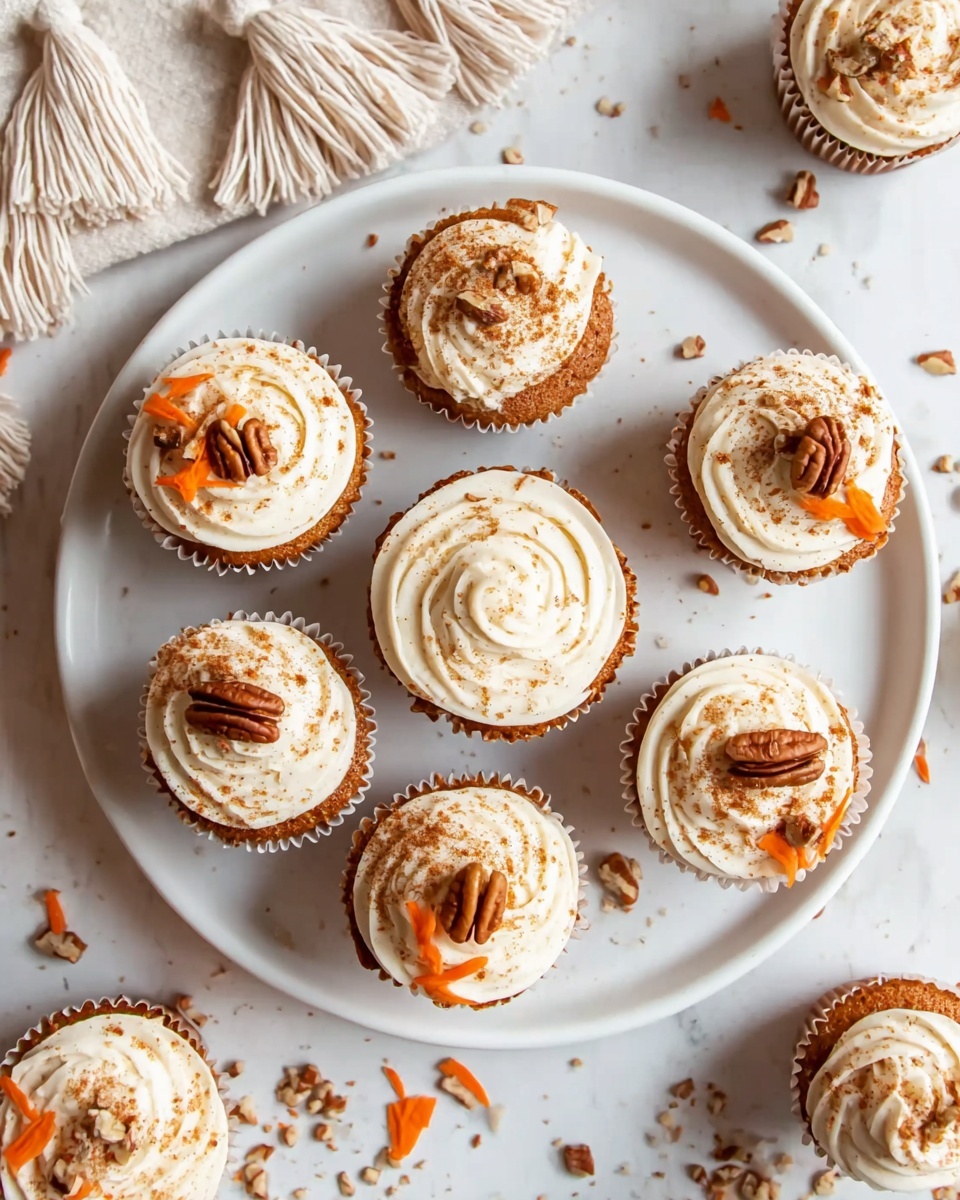 A white plate holds eight small cupcakes arranged in a circle with one in the middle, each with a light brown base topped with a swirl of smooth white frosting dusted lightly with brown spice. Some cupcakes are decorated with small pieces of nuts, others with thin orange carrot strips, and a few have whole pecan halves placed on top. Around the cupcakes on the plate, there are scattered pieces of nuts and carrot strips. The background surface is white marbled texture, and parts of a beige cloth with white tassels and extra cupcakes with similar toppings are slightly visible around the plate. photo taken with an iphone --ar 4:5 --v 7