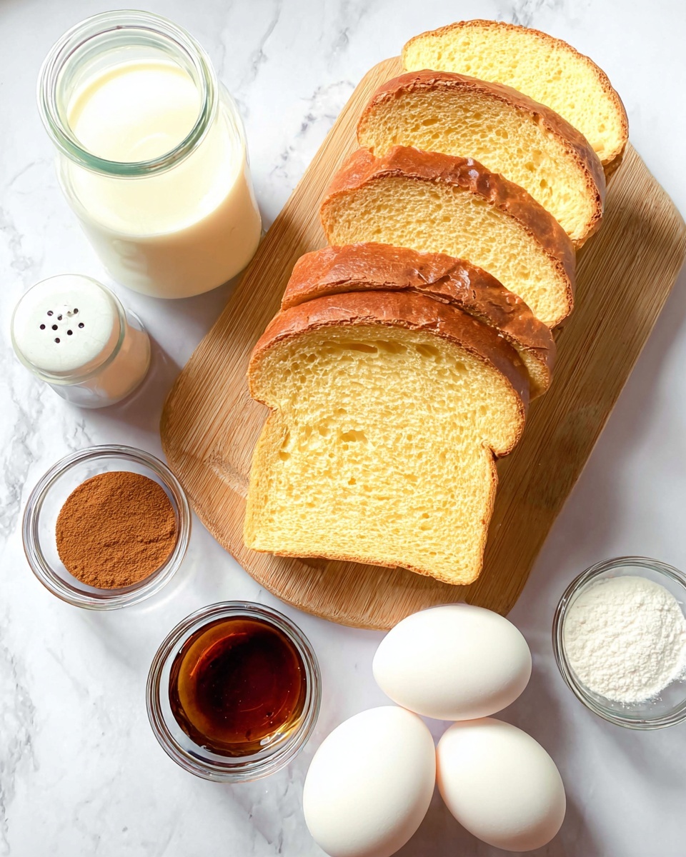 The image shows eight slices of light golden bread arranged overlapping each other on a wooden board. Around the bread are four white eggs placed at the bottom, two small clear glass bowls with brown cinnamon powder and dark vanilla extract, a glass jar filled with white milk on the left, and a small white salt shaker. The setting is on a white marbled surface, creating a bright and clean background. photo taken with an iphone --ar 4:5 --v 7