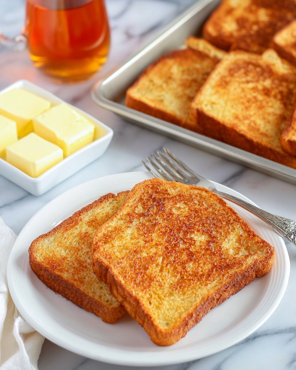 Two slices of golden brown toasted bread with a slightly crispy texture sit on a white plate, with a silver fork resting beside them. Behind the plate, there is a white dish holding several square pats of pale yellow butter and a glass container filled with amber syrup. In the background, a metal tray holds more slices of bread toasted to the same golden color. All items are placed on a white marbled surface. Photo taken with an iphone --ar 4:5 --v 7