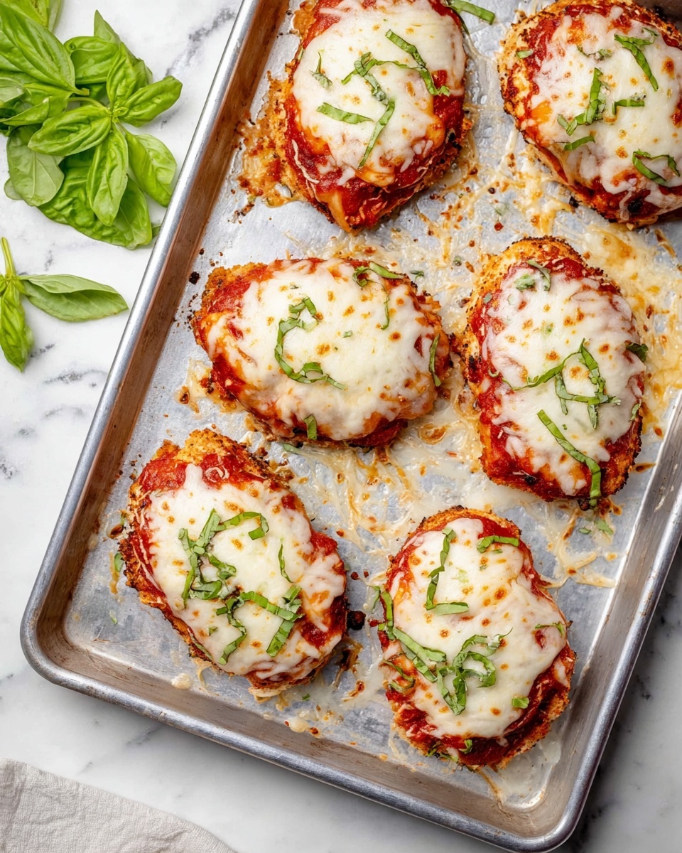 Six pieces of chicken topped with bright red tomato sauce and melted white cheese sit on a silver baking sheet, each piece sprinkled with small pieces of fresh green basil. The chicken pieces have a golden brown crust underneath the sauce and cheese, with crispy edges where the cheese melted and browned on the baking sheet. The background is a white marbled texture with some fresh basil leaves scattered on the side. Photo taken with an iphone --ar 4:5 --v 7