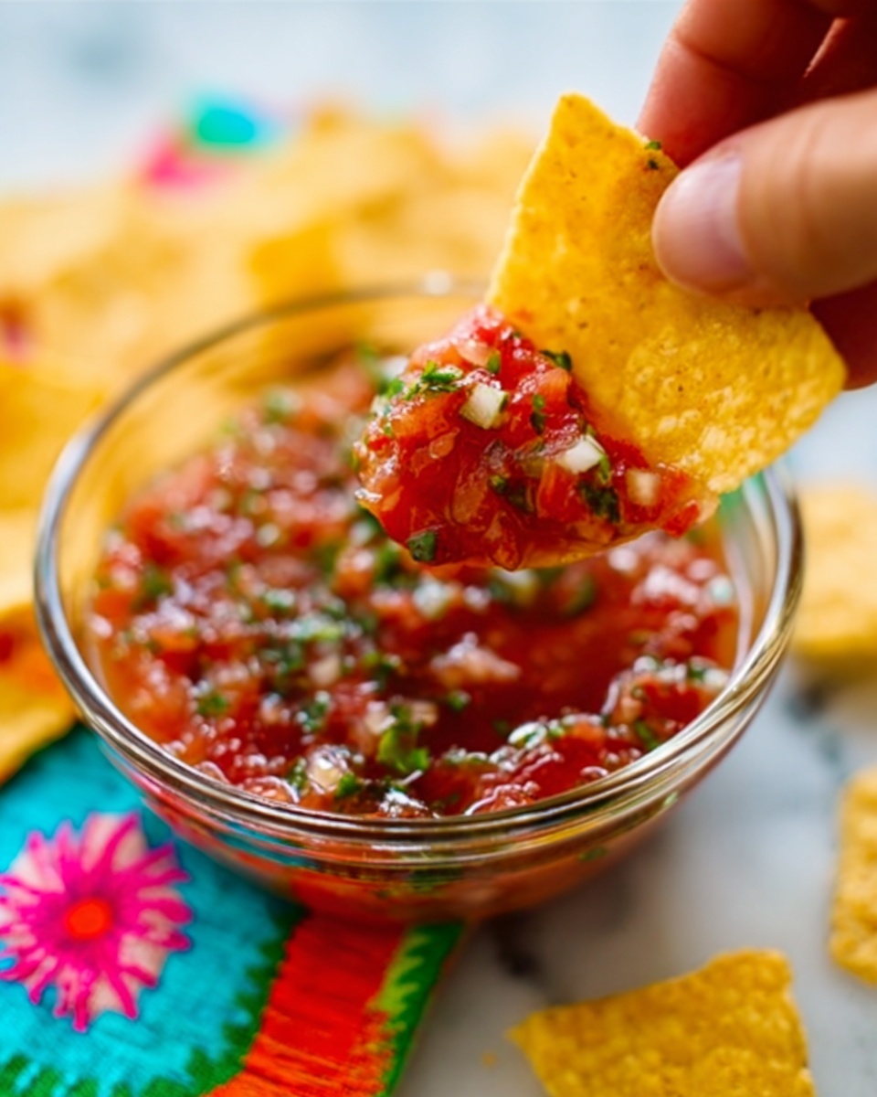 A close-up image shows a woman's hand holding a yellow corn chip dipped with red salsa containing visible small green herbs and finely chopped onions. The salsa is in a clear round glass bowl placed on a white marbled surface, with a brightly colorful cloth featuring large flower patterns around the bowl. Some extra corn chips are scattered on the surface near the bowl. photo taken with an iphone --ar 4:5 --v 7