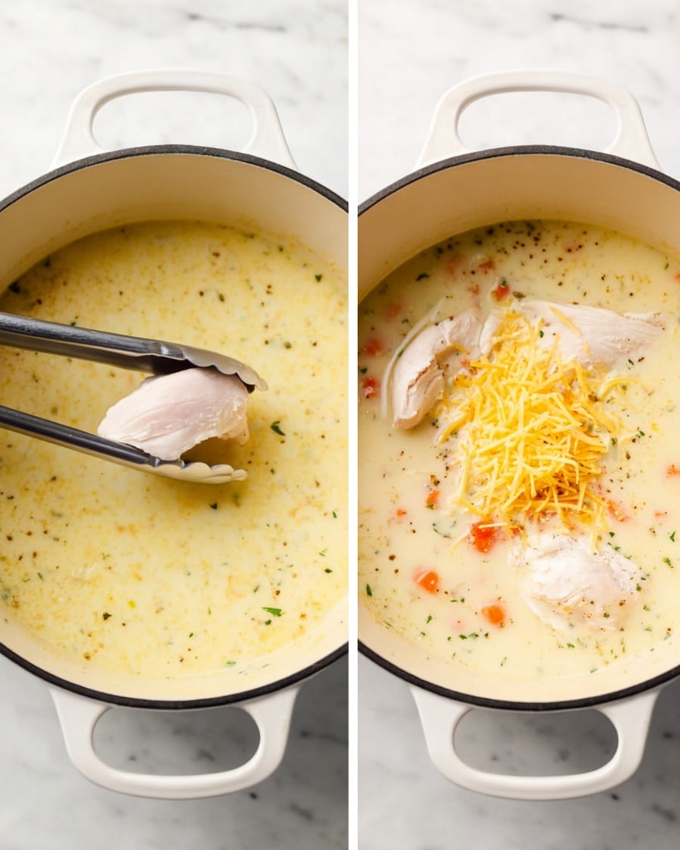 A white pot with soft yellow soup inside shows two light pink pieces of chicken being held by tongs in the left image, the soup surface is smooth with little green herbs mixed throughout. In the right image, two pieces of chicken sit in the creamy soup with small orange and white carrot bits visible, topped with a small heap of thinly shredded pale yellow cheese. The pot is on a white marbled surface. photo taken with an iphone --ar 4:5 --v 7