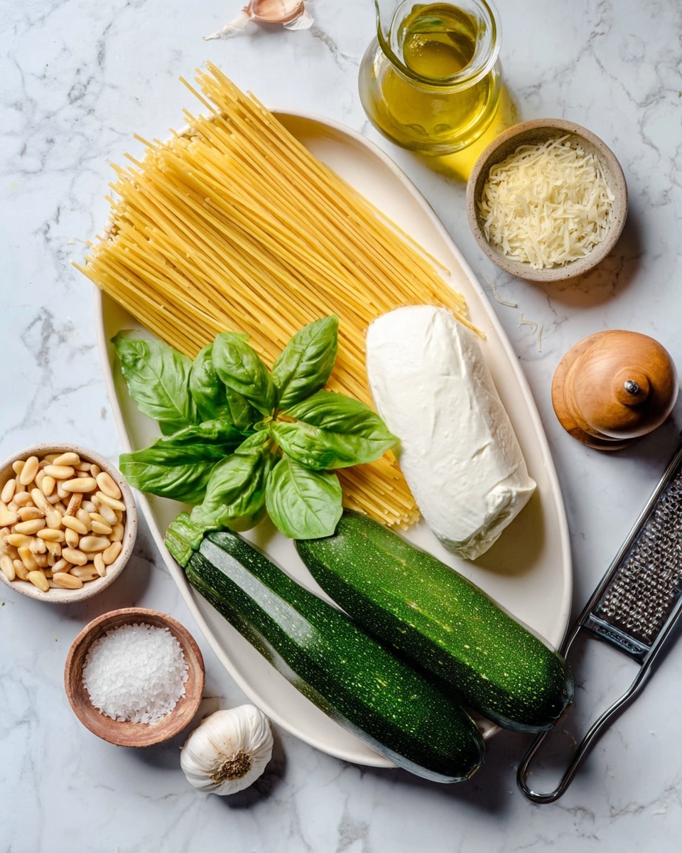 The image shows a white oval plate placed on a white marbled surface. On the plate, three main layers are arranged side by side: on the left is a cluster of uncooked yellow spaghetti, in the middle is a spray of bright green basil leaves, and on the right is a long, dark green zucchini. In front of these, towards the bottom edge of the plate, is a thick piece of white mozzarella cheese with a smooth, soft texture. Around the plate on the marbled surface are various small bowls and ingredients, including light brown pine nuts, garlic bulbs, coarse salt, a wooden pepper grinder, and a metal grater. A glass bottle with olive oil is also visible. The scene is well-lit and natural, photo taken with an iphone --ar 4:5 --v 7