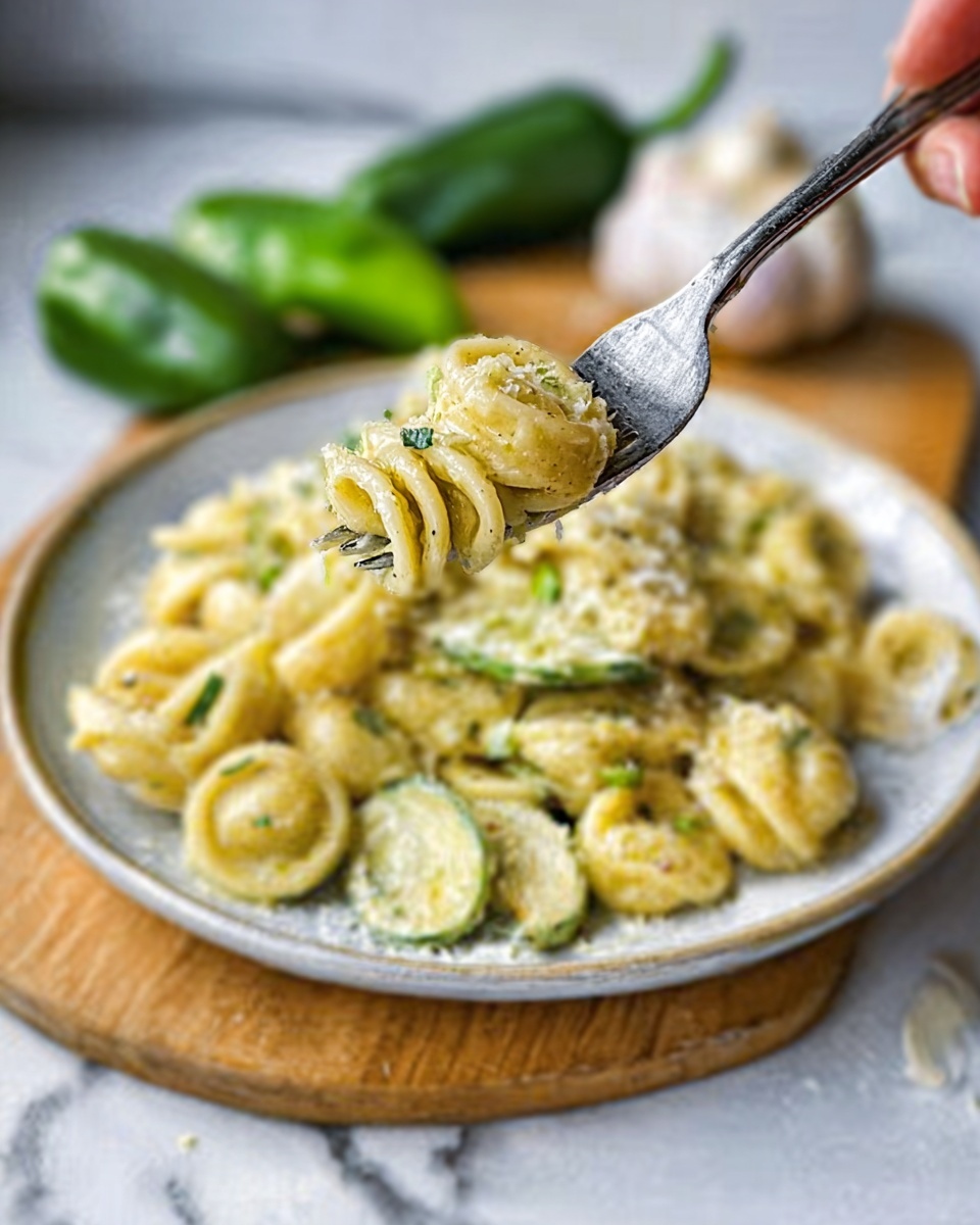 A close-up of a white plate filled with creamy pasta coated in a thick light yellow sauce with visible herbs. A silver fork held by a woman's hand lifts a small twist of pasta, showing the creamy texture clearly. The plate sits on a wooden board with fresh green peppers and garlic placed around it. The background surface is a white marbled texture. photo taken with an iphone --ar 4:5 --v 7