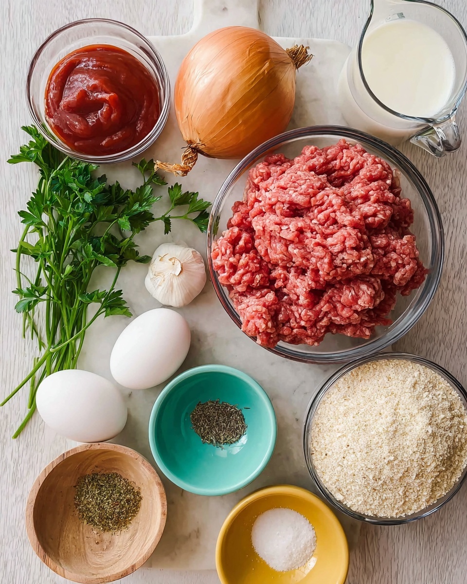 The image shows raw ground meat with a pinkish-red color in a clear glass bowl on a white marbled surface. Nearby, there is a whole brown onion with smooth skin, three cloves of garlic with papery white skins, and two white eggs with smooth shells. A small clear glass bowl contains thick red ketchup, while fresh green parsley lies in bunches beneath the eggs. A metal measuring cup filled with light beige breadcrumbs sits next to a small glass measuring cup holding white milk. There are also three small bowls: one light turquoise with dark ground pepper, one wooden with white salt, and one yellow with dried green herbs. The ingredients are arranged neatly for recipe preparation photo taken with an iphone --ar 4:5 --v 7