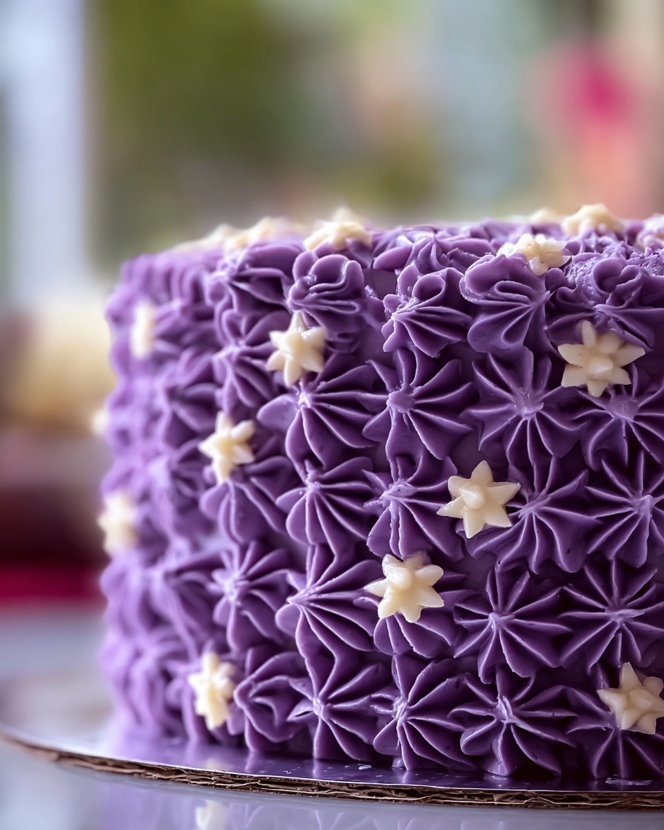 The image shows a close-up of a round cake decorated with thick layers of purple frosting piped in star shapes covering the entire side of the cake, creating a textured pattern. Between some of the purple stars, small white star-shaped dollops of frosting add contrast and detail. The cake sits on a reflective surface with a blurred background, featuring soft natural light. photo taken with an iphone --ar 4:5 --v 7