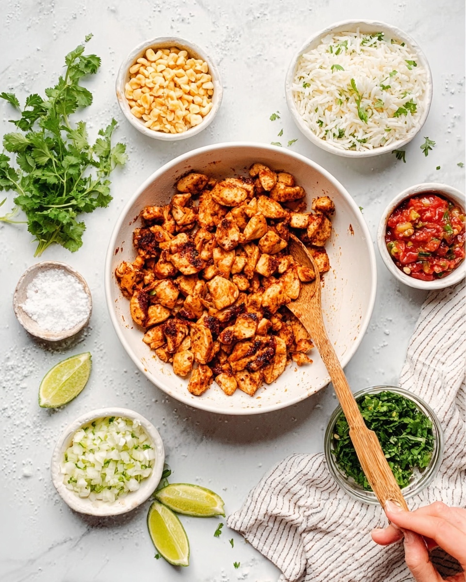 The image shows a white bowl filled with small pieces of cooked chicken that are golden brown with some darker charred edges, mixed with a wooden spoon placed inside. Around the bowl are six smaller white bowls arranged loosely; one holds plain white rice with green herbs, another contains light yellow crushed nuts, a third has a red salsa with small chunks, one is filled with fresh green chopped herbs, a small bowl has white coarse salt, and near the top left a few lime wedges and sprigs of fresh green cilantro sit on the white marbled surface. A woman's hand is stirring the chicken in the bowl. The background is a white marbled texture with a faint striped cloth partially visible. photo taken with an iphone --ar 4:5 --v 7