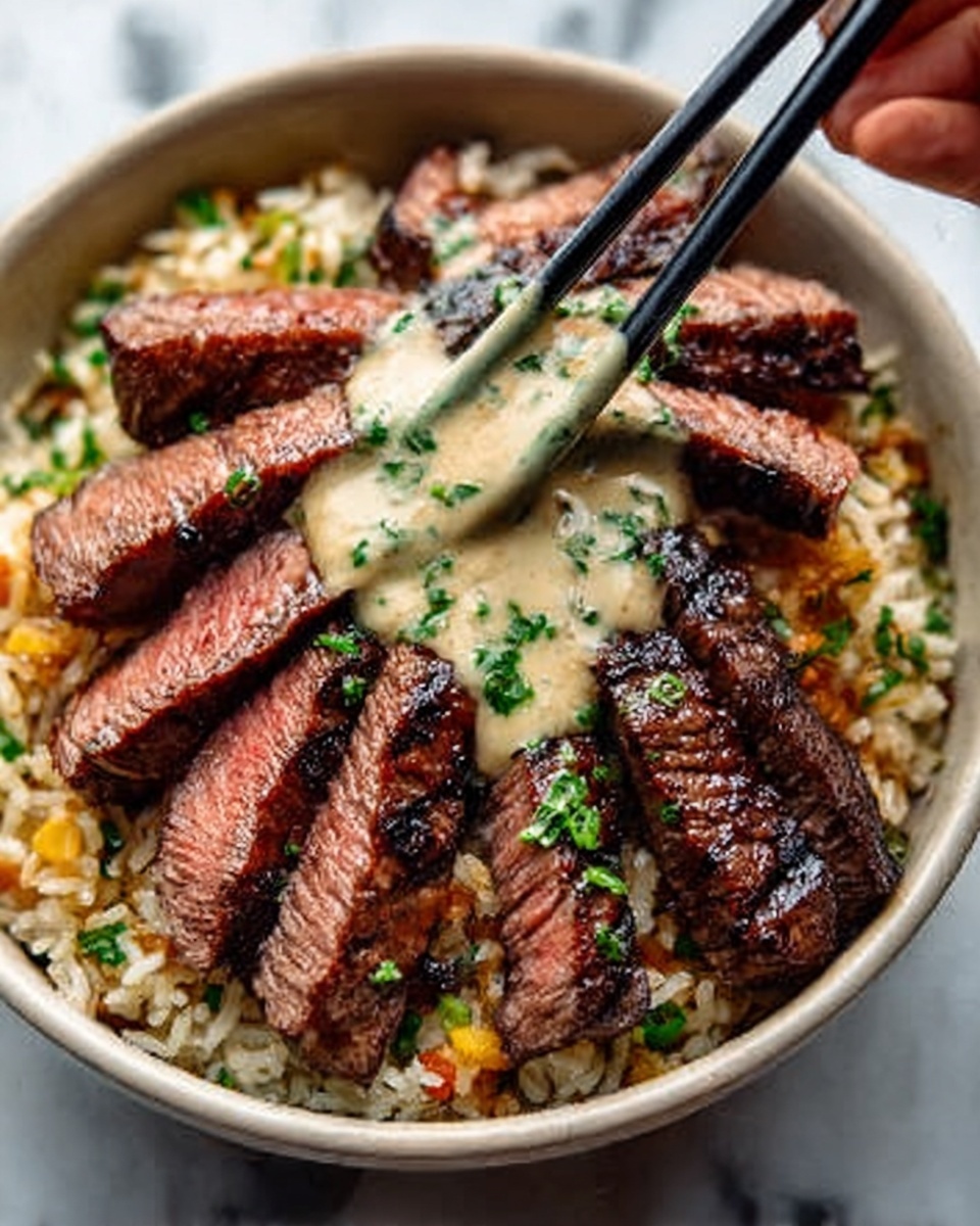 A white bowl on a white marbled surface holds sliced grilled steak arranged in a circular pattern with a juicy, slightly charred brown exterior and a pinkish center. On top of the steak slices, a creamy light beige sauce with green herb bits is being picked up by black chopsticks held by a woman's hand. Underneath the steak, a bed of mixed rice with small colorful vegetable pieces is visible, adding texture and color contrast. The overall image is bright and detailed, showing the moistness and texture of the meat and sauce, photo taken with an iphone --ar 4:5 --v 7
