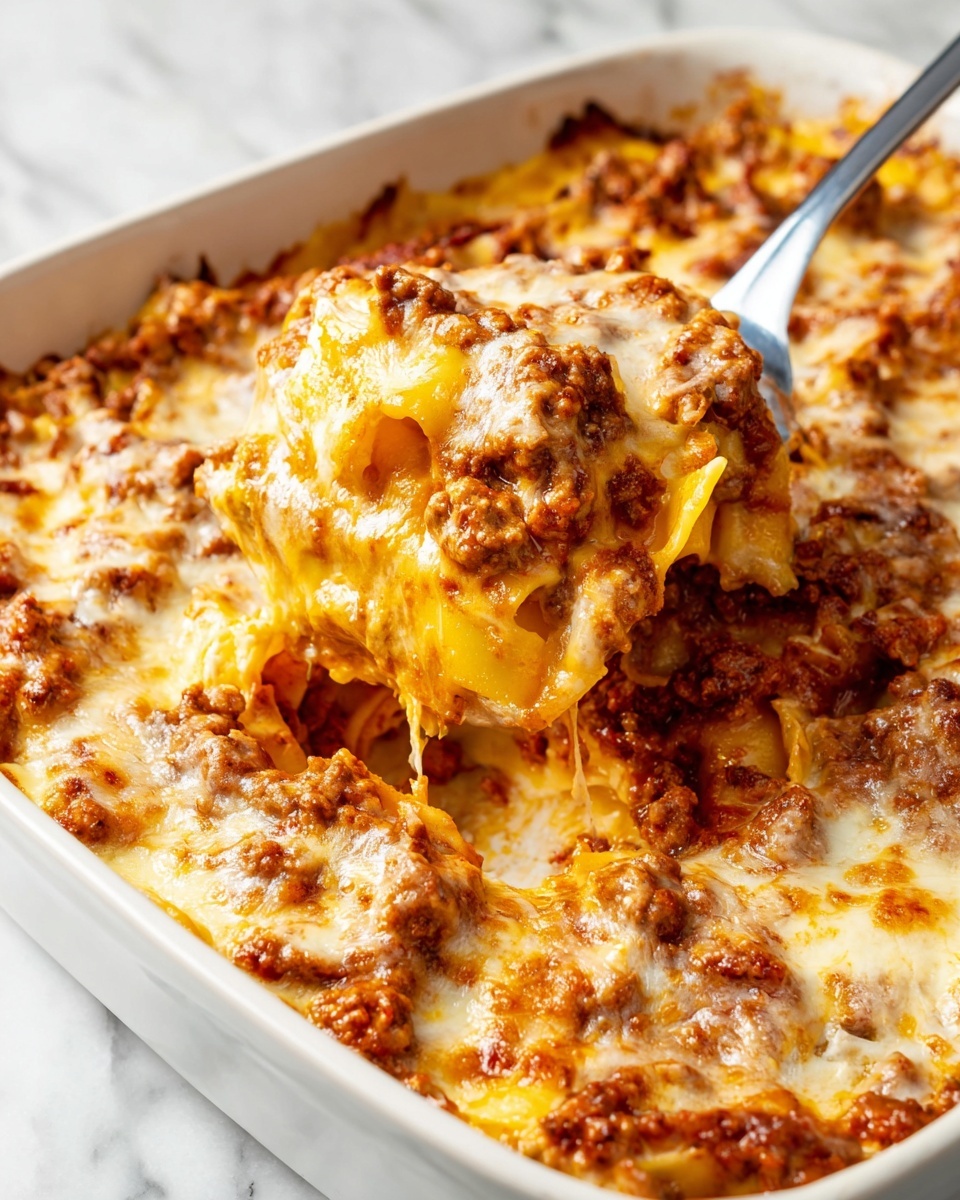 Easy Baked Ravioli Recipe 5 A close-up of a baked pasta dish in a white ceramic baking dish, showing multiple layers including a bottom layer of yellow pasta, a middle layer of chunky reddish-brown meat sauce with visible ground meat, and a top layer of melted, bubbly, golden-brown cheese. A metal spatula is scooping a portion from the corner, revealing stretchy melted cheese mixed with the meat sauce and pasta. The scene is set on a white marbled surface with soft natural lighting highlighting the textures and colors of the dish, photo taken with an iphone --ar 4:5 --v 7