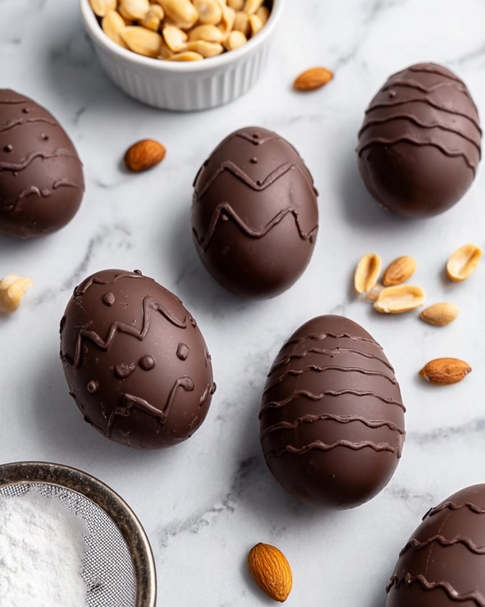 The image shows six dark brown chocolate Easter eggs placed on a white marbled surface. Two eggs have zigzag and dot patterns on the top, two eggs have diagonal curved lines, and the remaining two have wavy lines, giving each egg a different texture and design. Around the eggs, there are scattered light brown peanuts and a few whole peanuts. In the upper left corner, a white bowl filled with peanuts is visible, and near the bottom left corner, there is a metal sieve with white powdered sugar inside it. The scene is bright and clean, highlighting the smooth and glossy texture of the chocolate eggs. photo taken with an iphone --ar 4:5 --v 7
