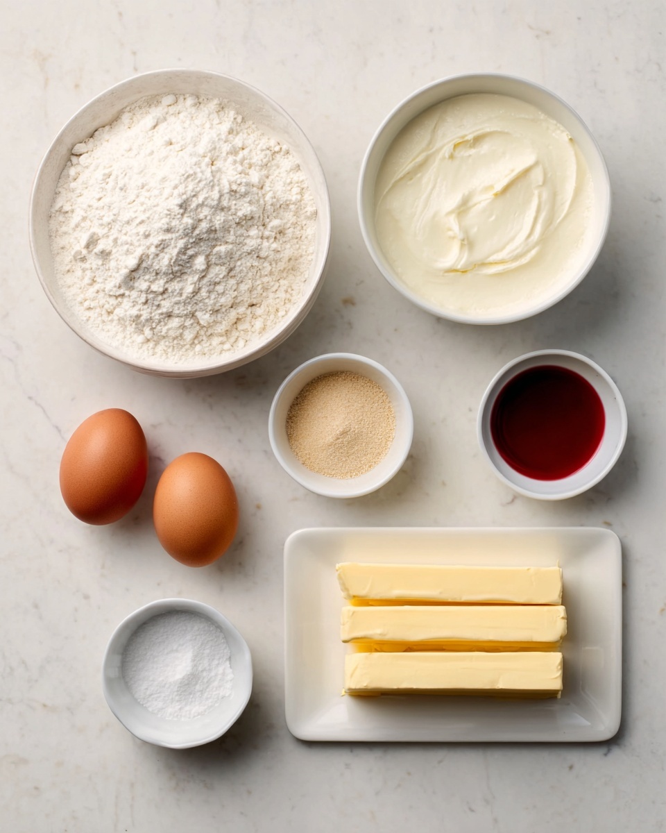 The image shows six ingredients neatly placed on a white marbled surface. There is a medium white bowl filled with flour in the top left, and to its right is another medium white bowl holding a smooth white substance, likely cream or yogurt. Below the bowls, starting from left, are two brown eggs placed in a small white bowl, a tiny white bowl with a light brown powder, a small white bowl containing a dark red liquid, and a rectangular white plate holding three sticks of butter arranged side by side. The arrangement is tidy, with the items spaced evenly. photo taken with an iphone --ar 4:5 --v 7