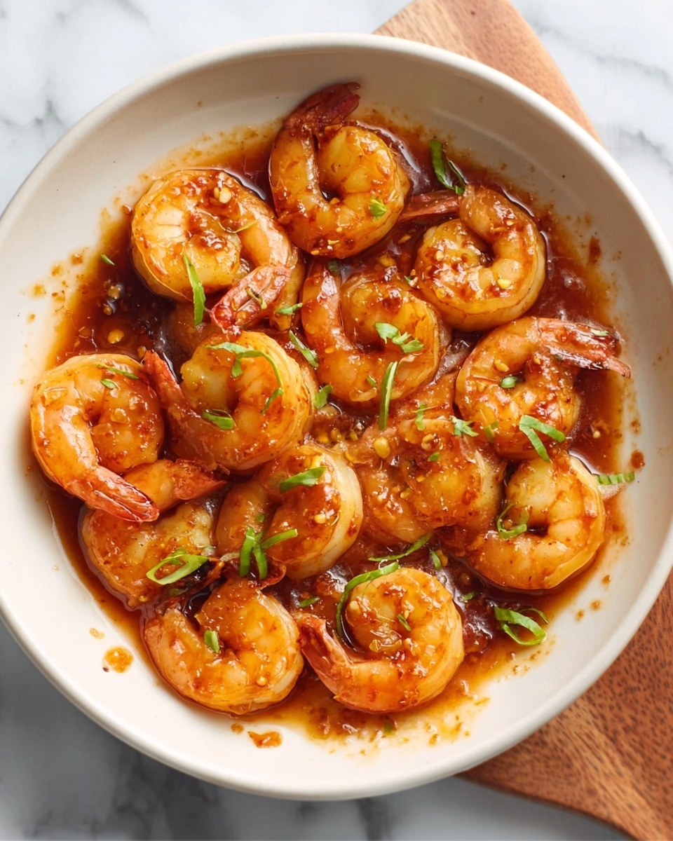 The image shows a white bowl filled with cooked shrimp in a reddish-brown sauce. The shrimp are arranged in one layer, covered in the glossy sauce that looks thick and shiny. Small green herbs are sprinkled on top, adding a fresh color contrast. The bowl is set on a white marbled surface with a few drops of sauce around the edges. A woman's hand is holding the bowl from the side. photo taken with an iphone --ar 4:5 --v 7