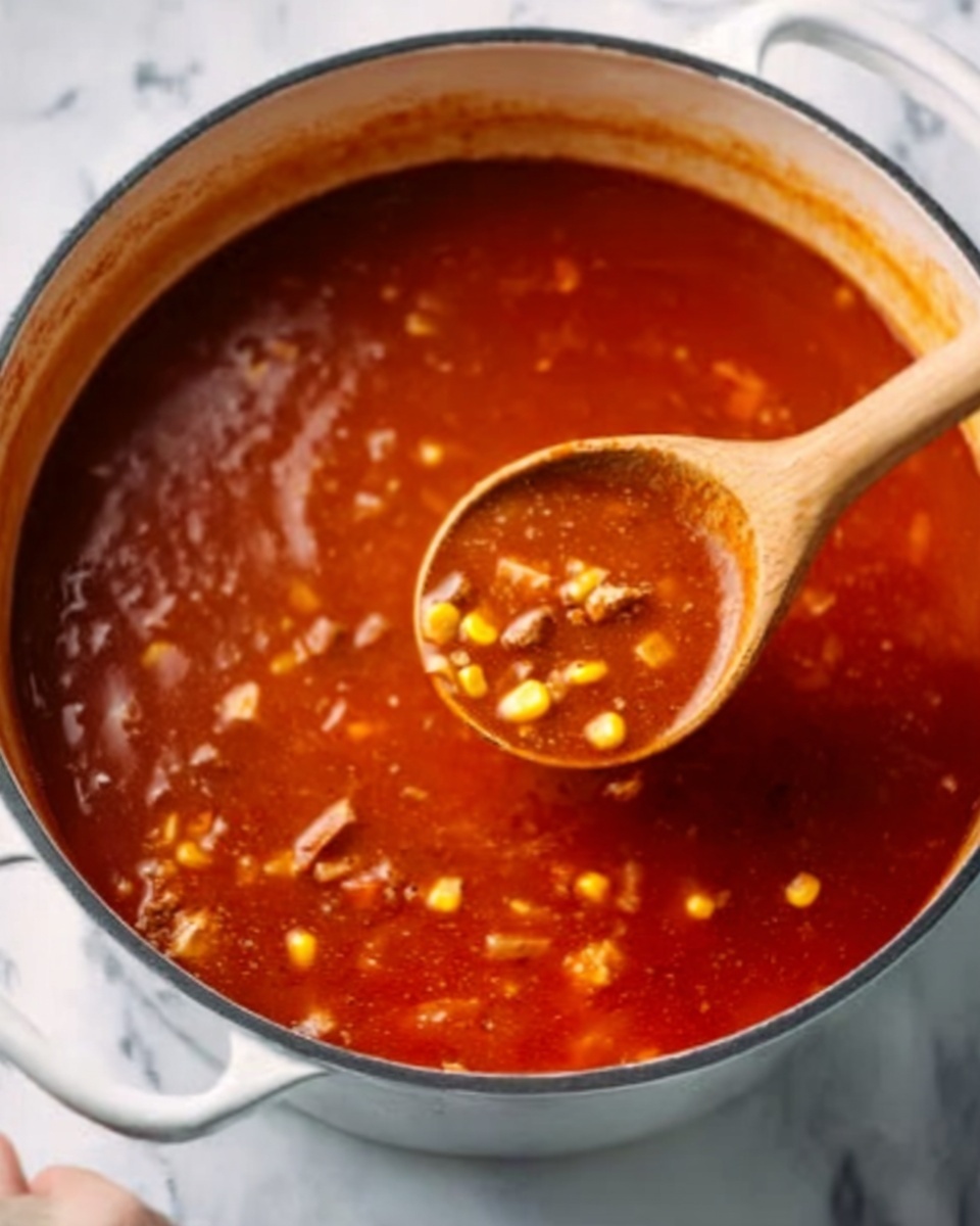 The image shows a white pot filled with thick, bright red soup containing small bits of corn and pieces of meat. A wooden spoon held by a woman's hand is scooping the soup from the pot. The soup has a smooth, glossy surface with visible chunks of ingredients. The pot is placed on a white marbled surface, and the image captures the warmth and richness of the dish. photo taken with an iphone --ar 4:5 --v 7